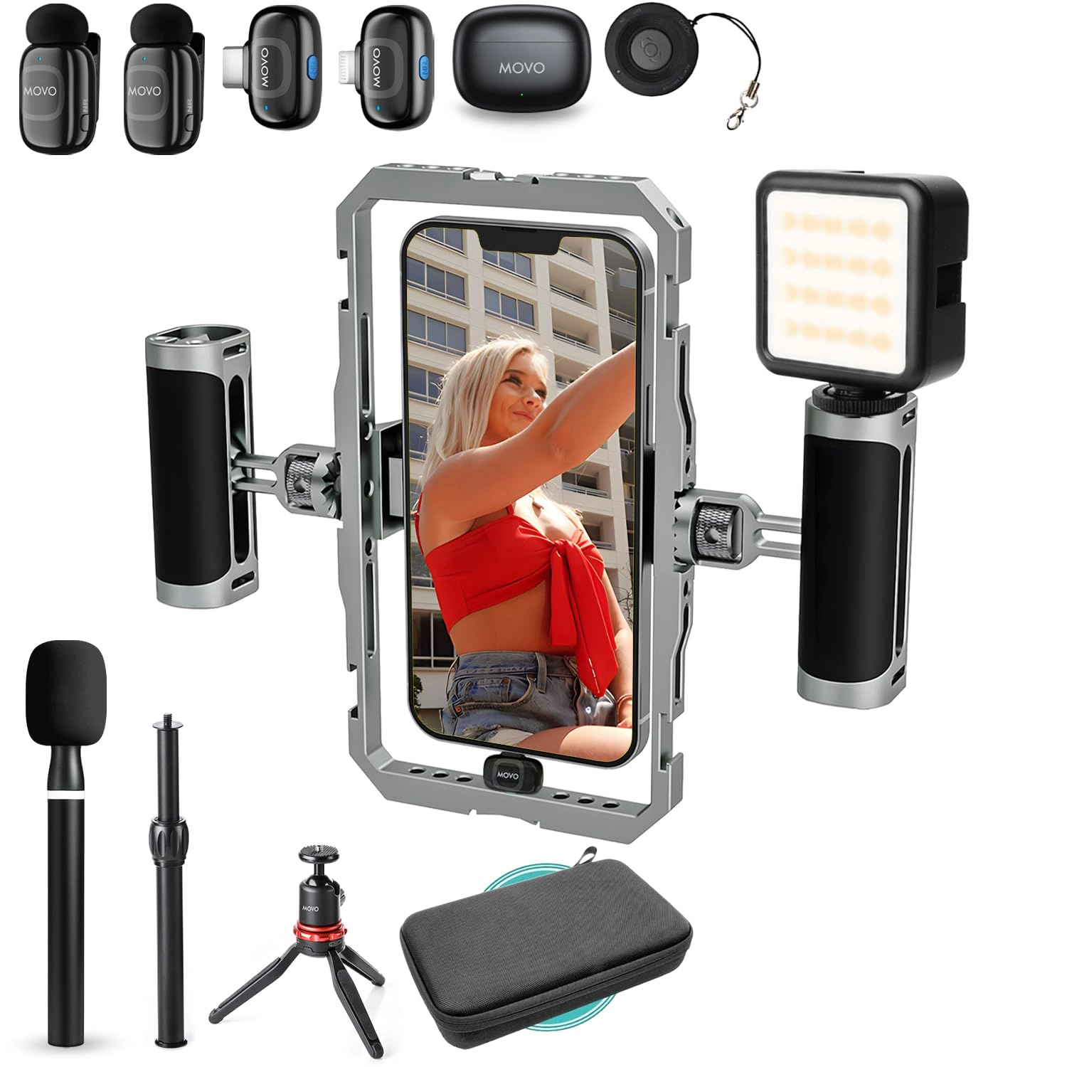 Movo iFilmer-PRO Smartphone Video Rig Kit – Stabilizer Cage with Dual Grips, Wireless Lavalier Microphones and Tripod