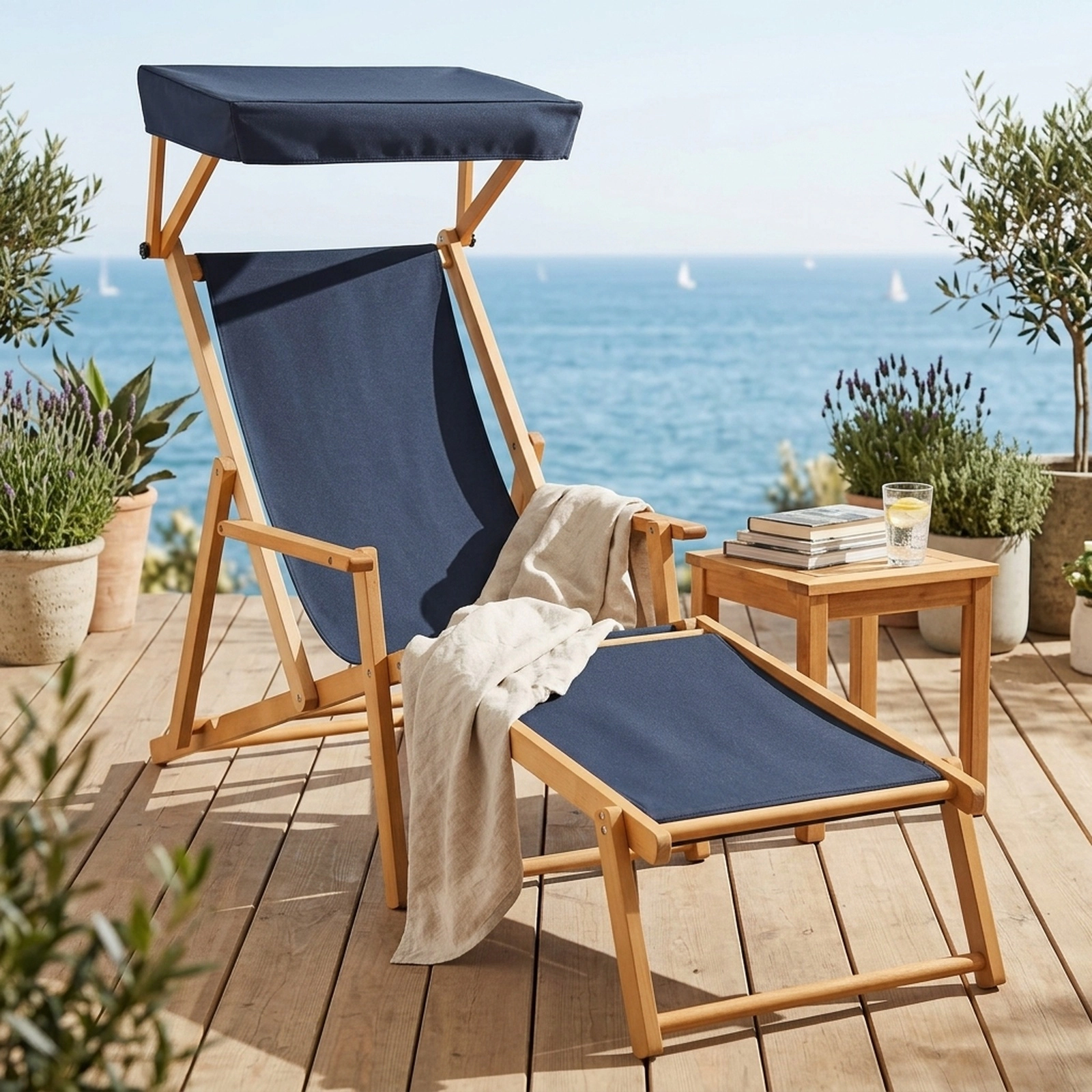 SUGIFT Birch Wood Chaise Lounge Beach Chair with Canopy, 4-Position Backrest, Footrest, Navy