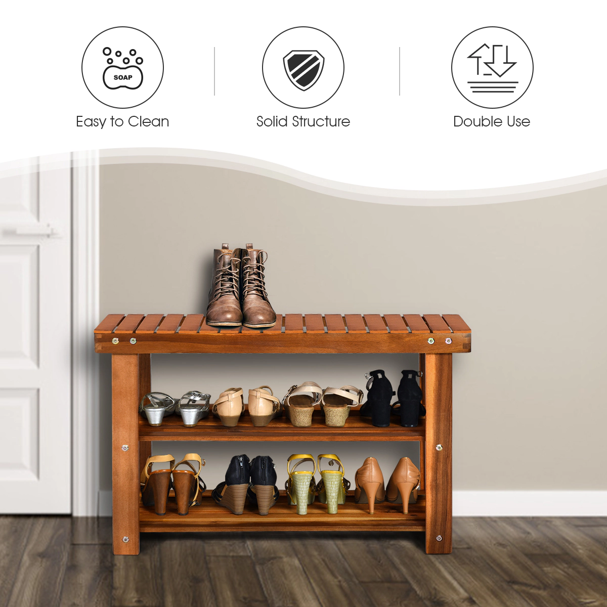 SlickBlue Unisex 3-Tier Shoe Rack Bench, Teak Wood Entryway Organizer