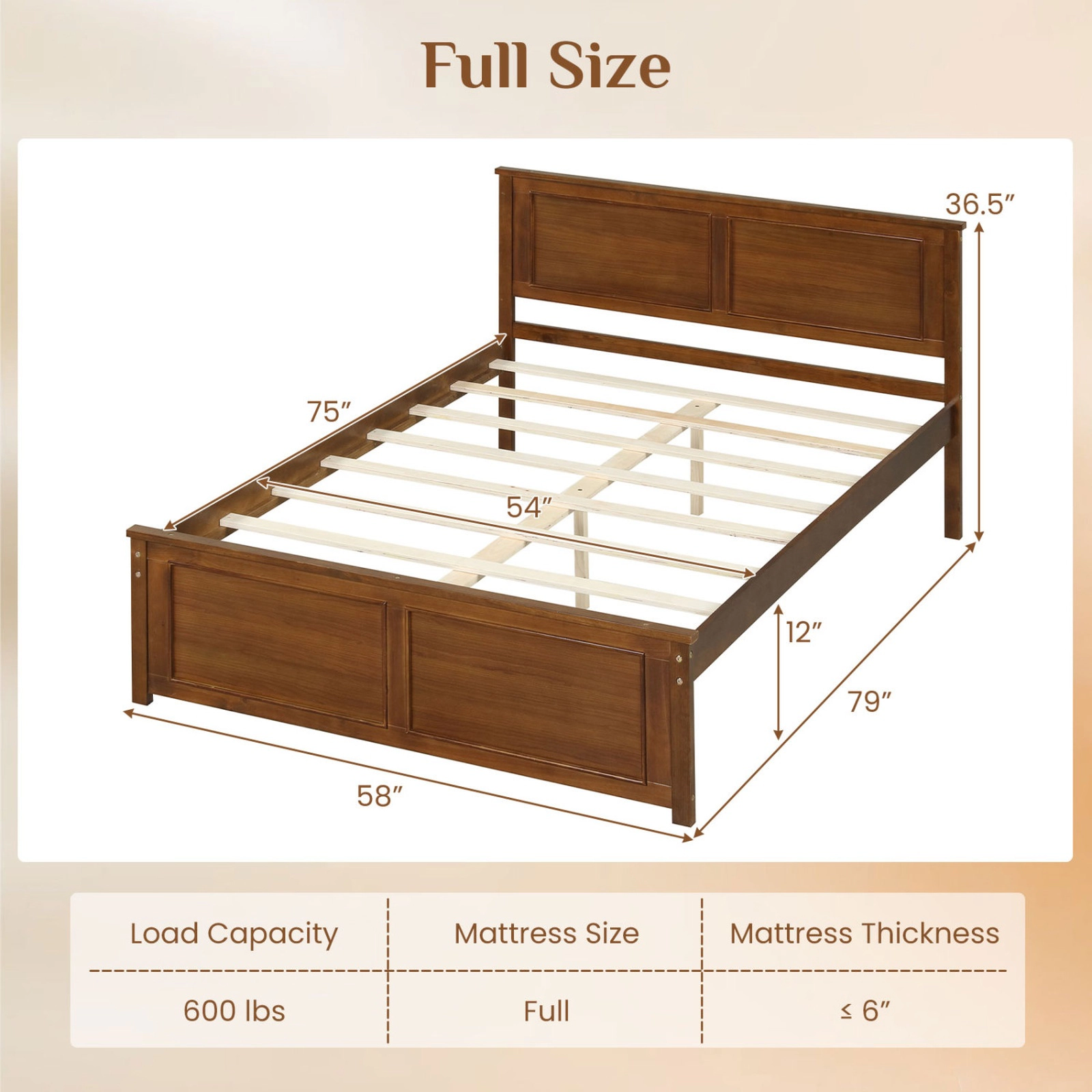 SUGIFT Solid Wood Platform Bed Frame with Headboard 600-lb Capacity 12-in Underbed Clearance Full Size Walnut