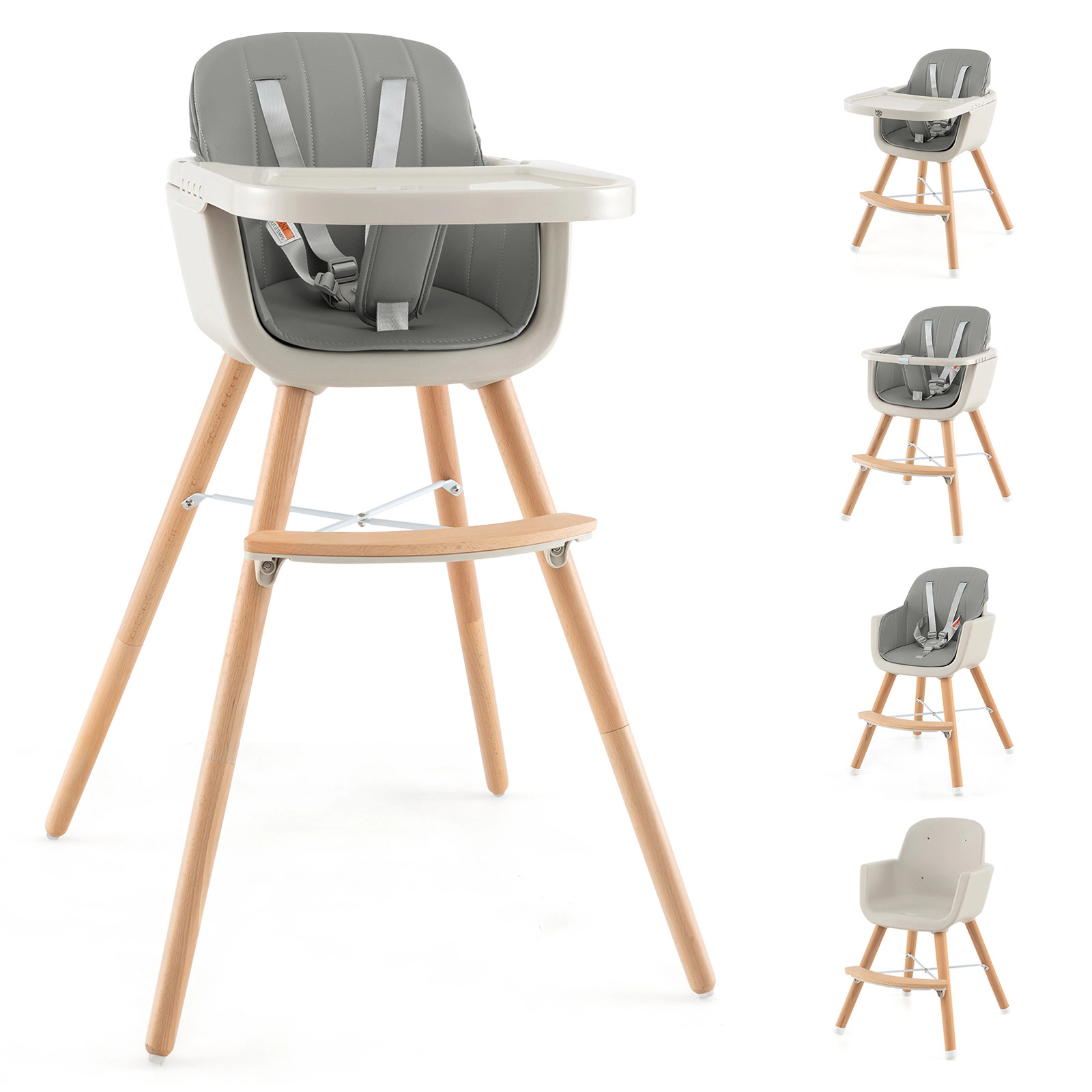 SUGIFT Removable PU Cushion and Tray 3-in-1 Convertible Wooden Baby High Chair