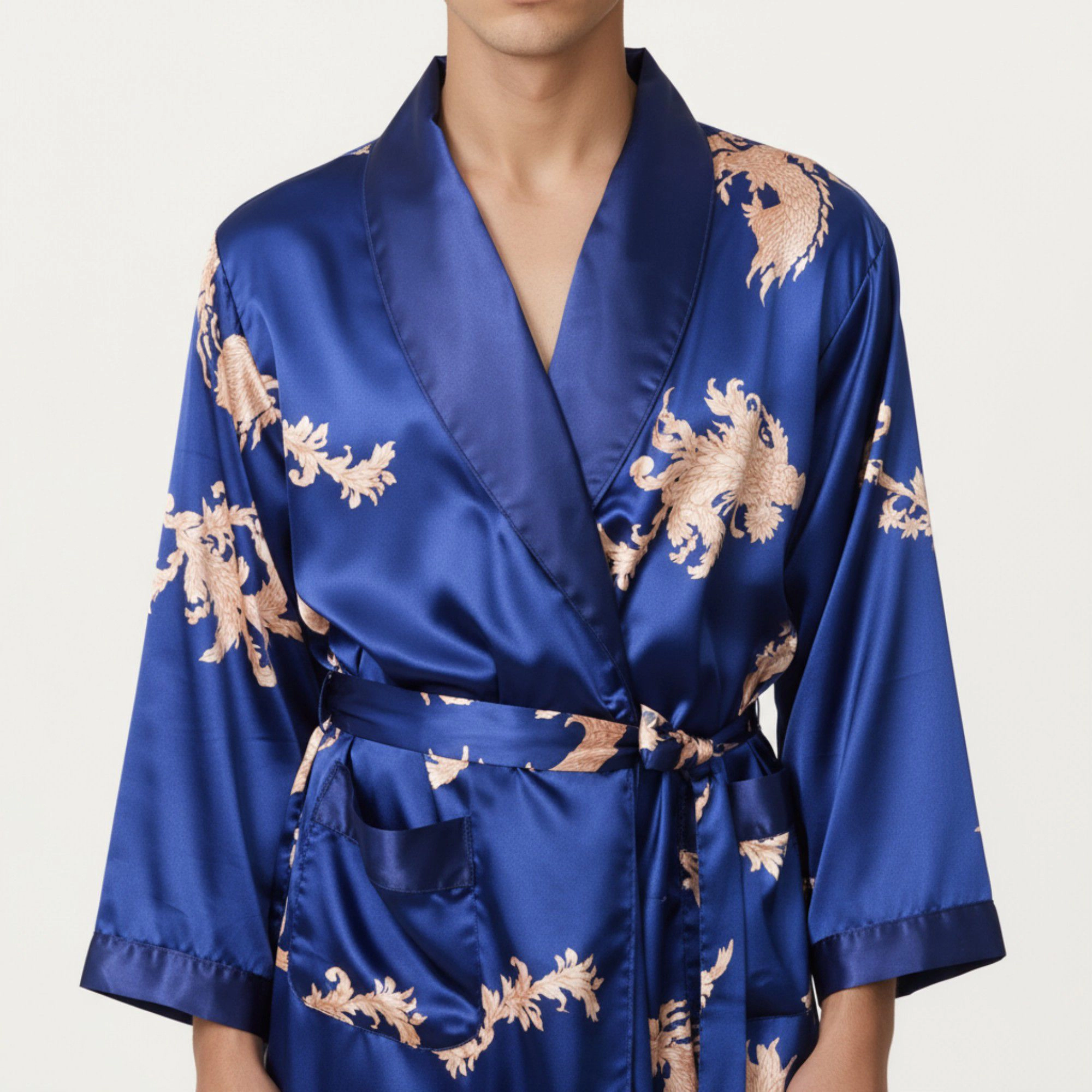 Anna-Kaci Men's Satin Robe with Baroque Print Shawl Collar and Waist Tie