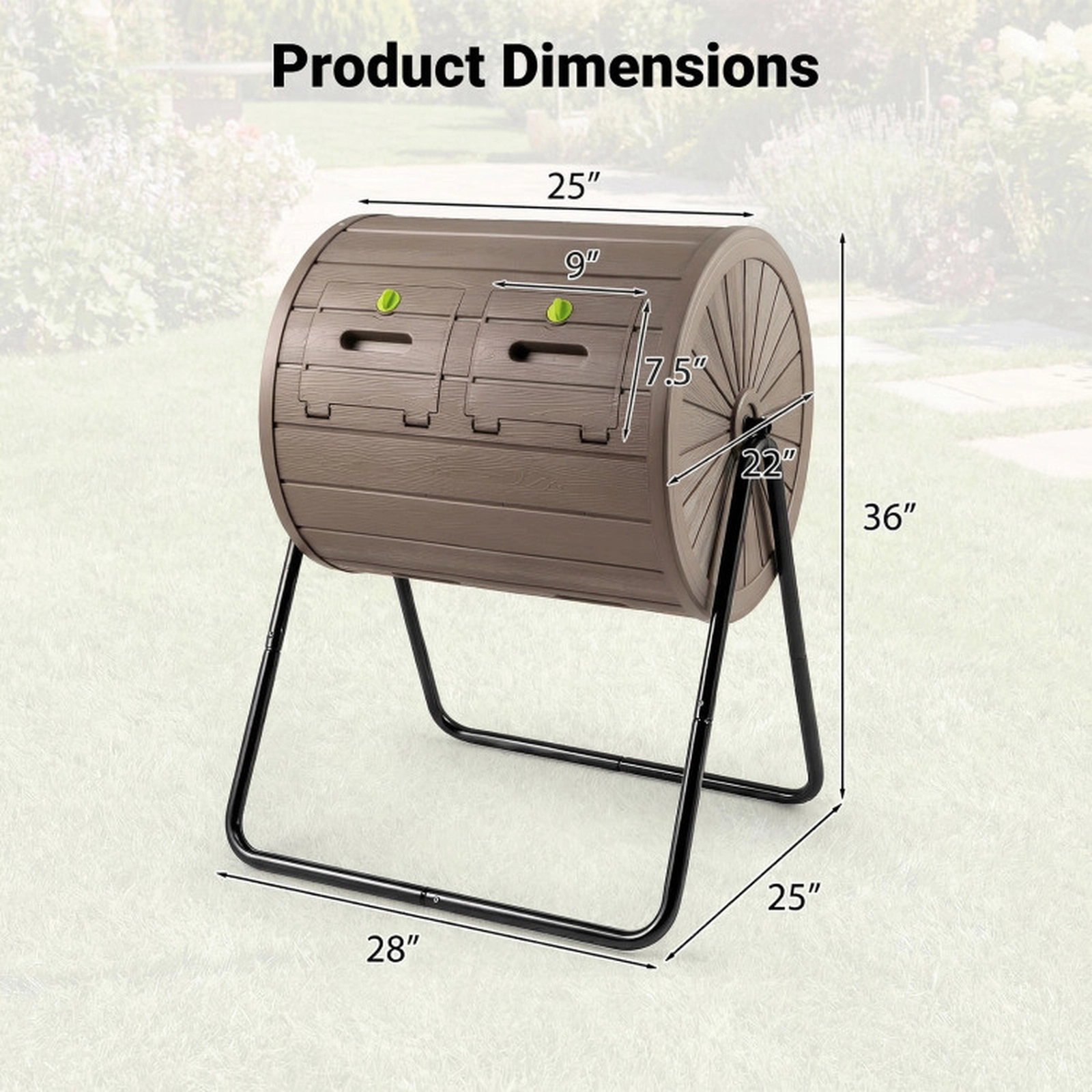 SUGIFT 37.5-gal Coffee Dual Chamber Outdoor Compost Bin Tumbler with 2 Lockable Doors and Wood Grain