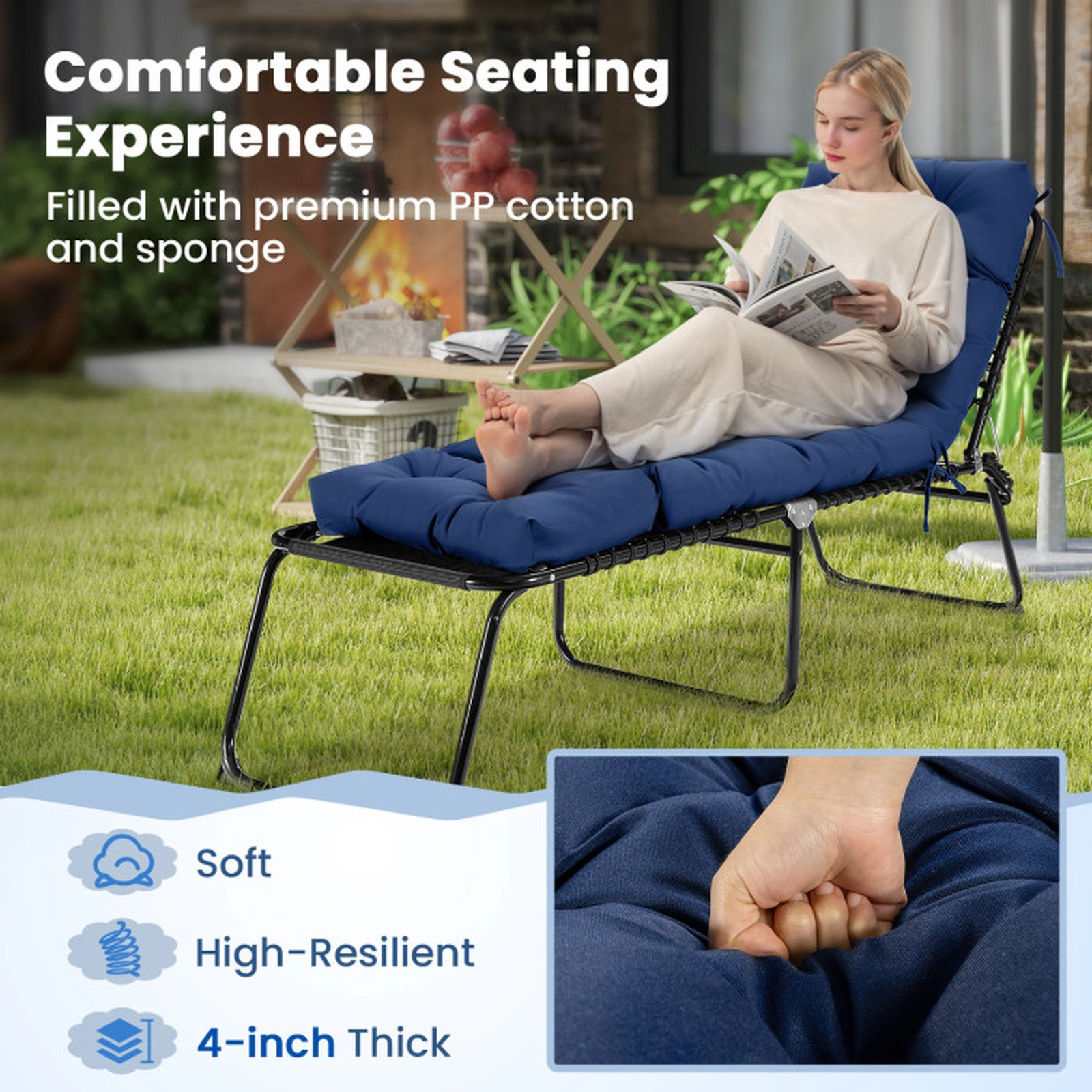 SUGIFT 2-Pack 73-in x 22-in Navy Waterproof Outdoor Lounge Chaise Cushions with High Back and 4 String Ties