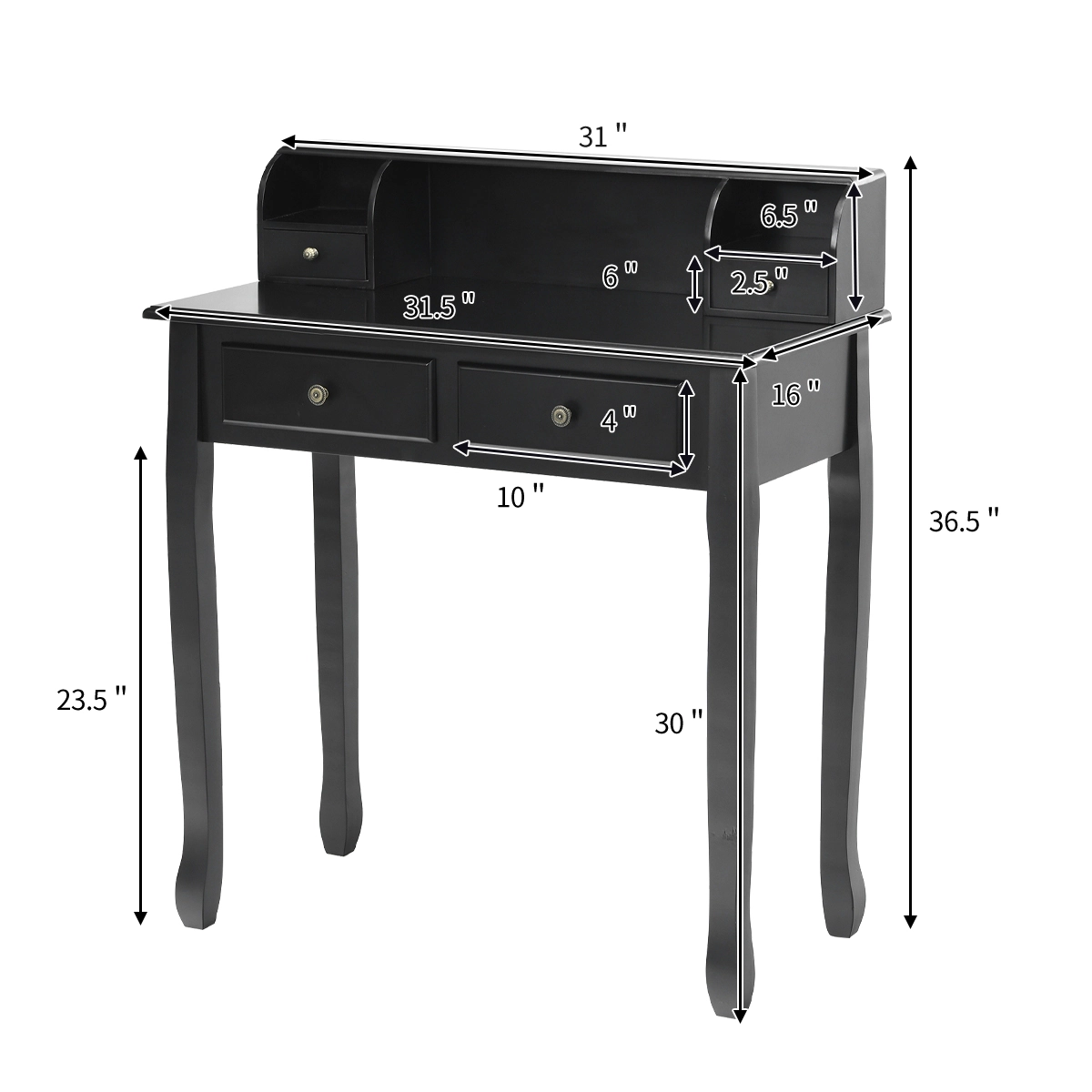 SUGIFT Black 2-Tier Vanity Writing Desk with 4 Drawers and Detachable Cabinet