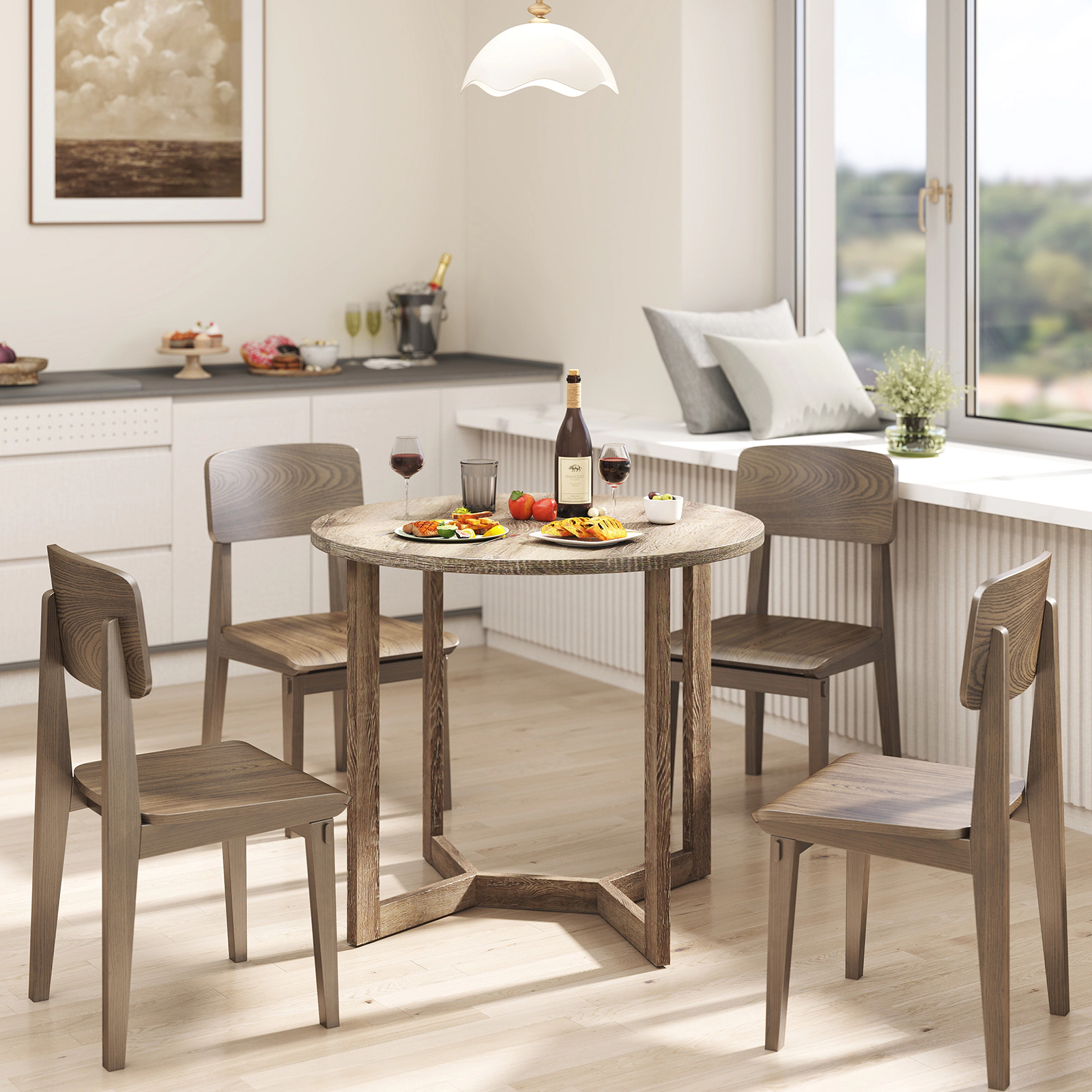 SUGIFT 36-in Grey Round Wood Dining Table for 2 to 4 People, Pedestal Base