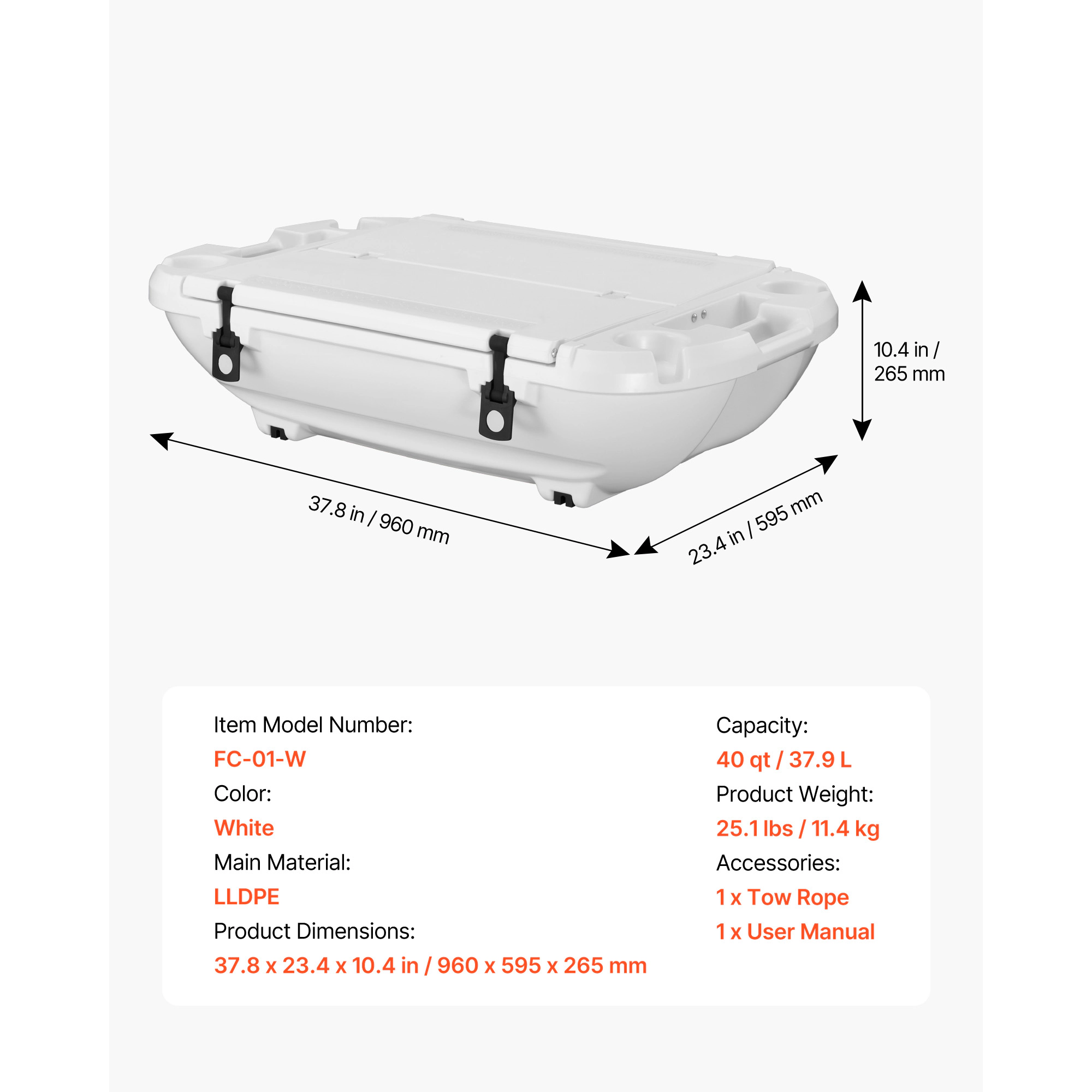 HONGGE 40 QT Floating Cooler with Tow Rope, Boat-Style LLDPE Ice Chest for Lake, River, Pool, Beach & Kayaking