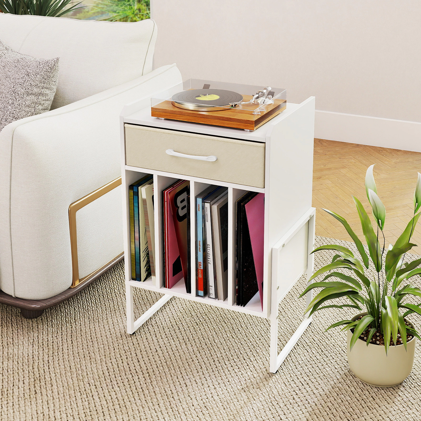 SUGIFT Record Player Stand with Drawer and Vinyl Record Holder 66-lb Tabletop Capacity 44-lb Vinyl Shelf Capacity White