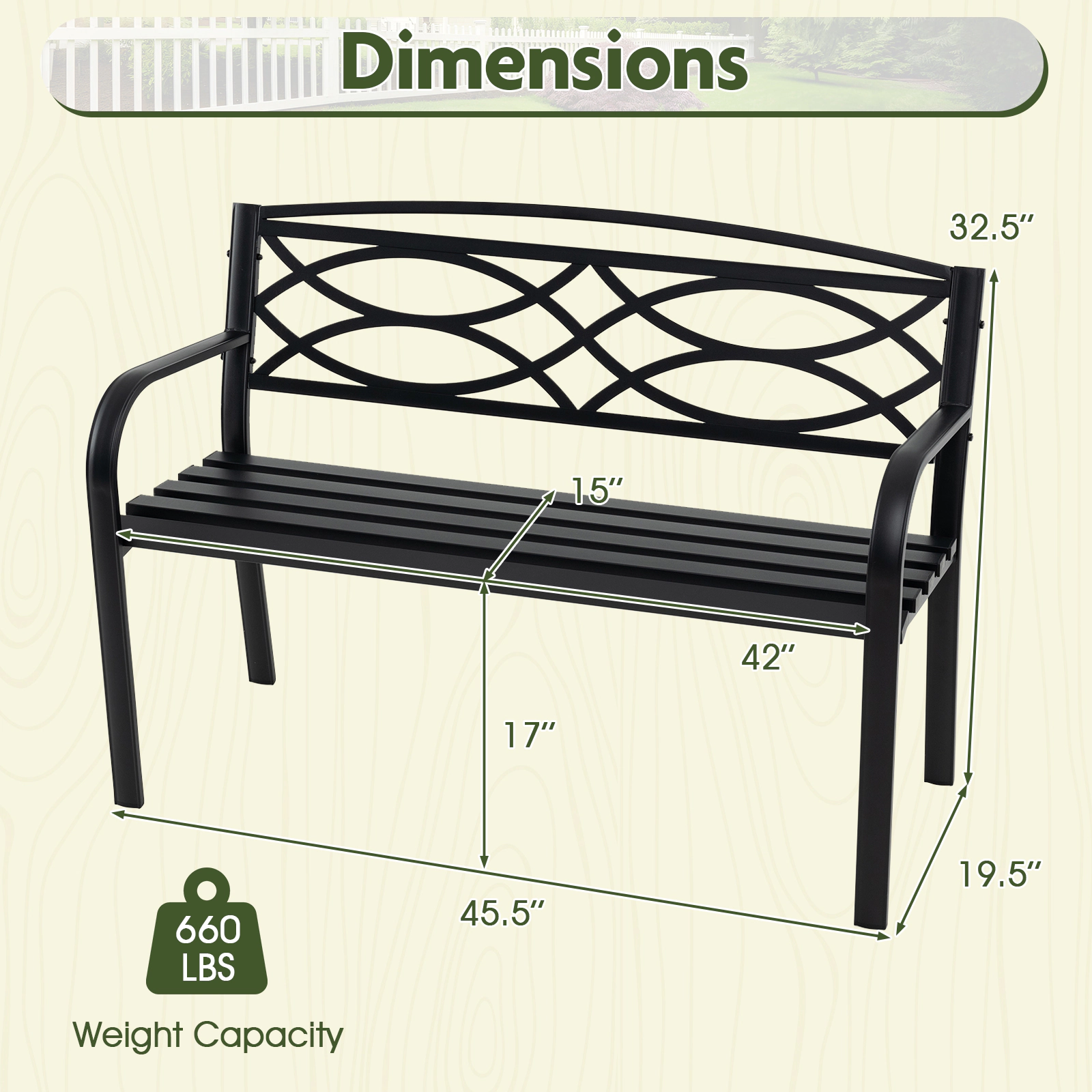 SUGIFT Reinforced Metal Garden Bench with Curved Armrests and Backrest 660-lb Capacity Black
