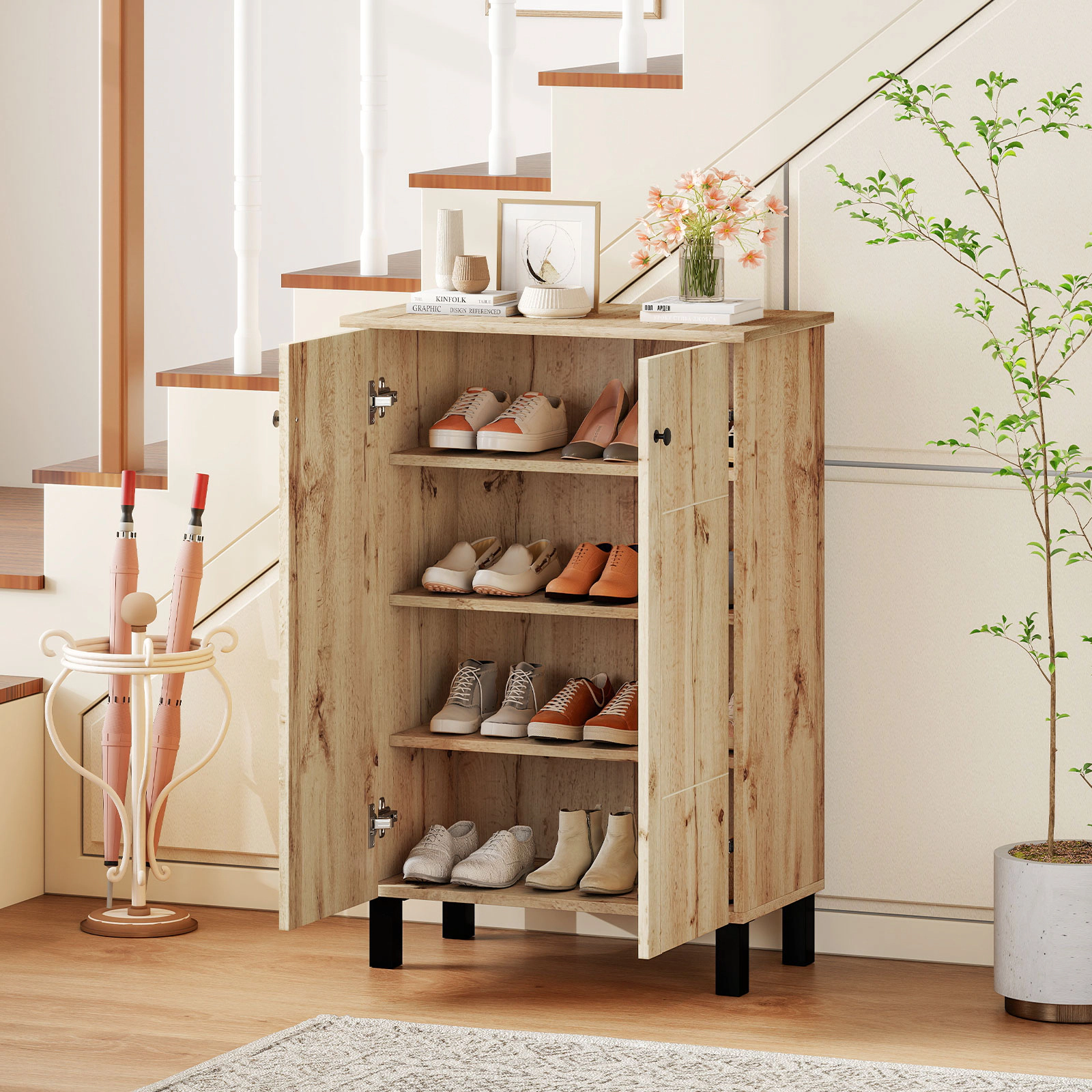 SUGIFT Natural 2 Doors 3 Removable Shelves and Anti-Tip Hardware 4-Tier Shoe Cabinet