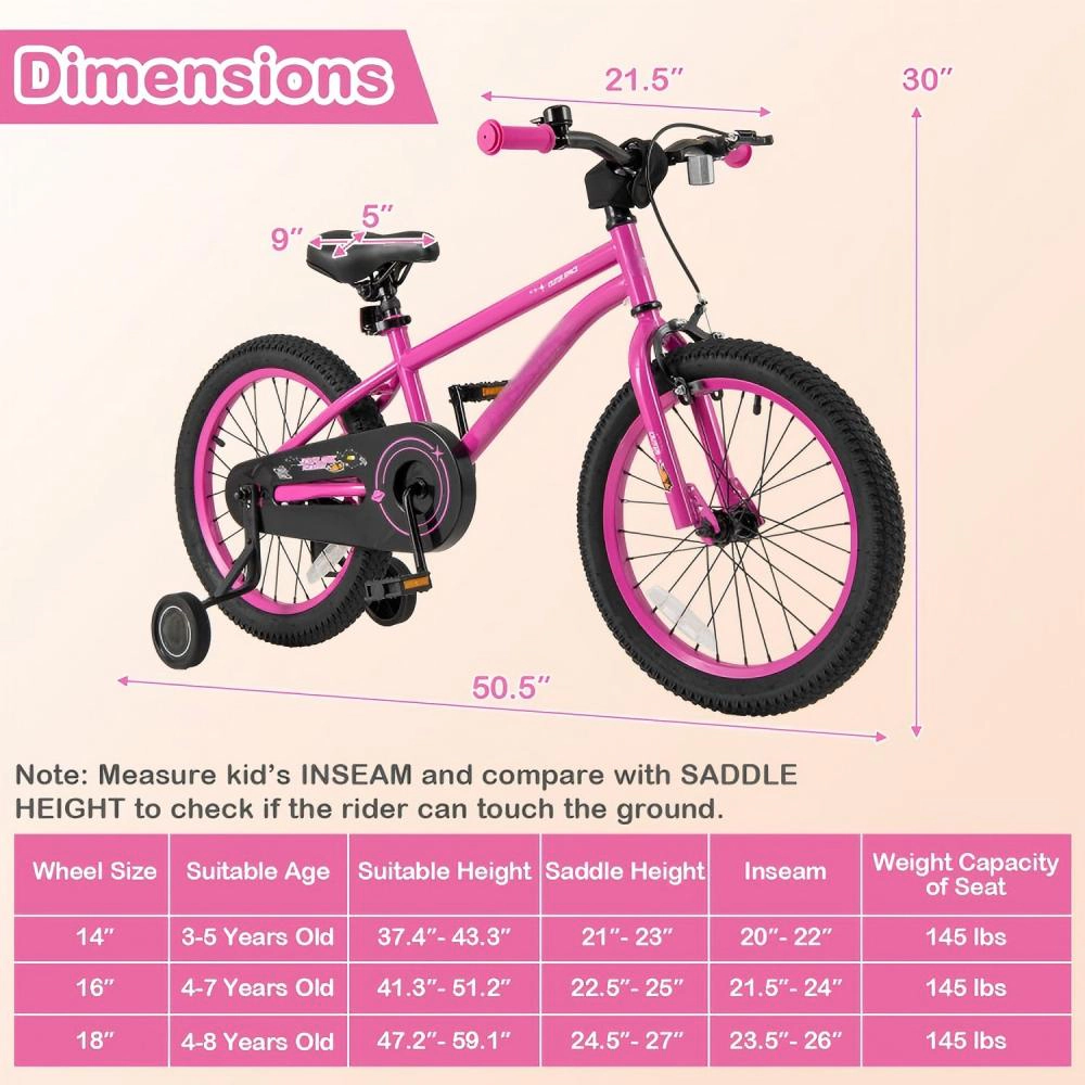 SUGIFT Kids Pink 18-in Bike with Removable Training Wheels and Chain Guard 24.5-in Saddle H 145-lb Seat Capacity