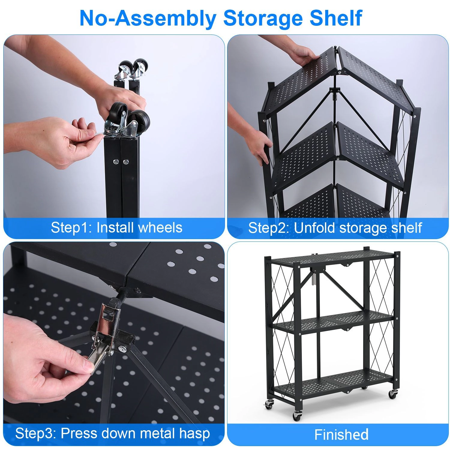 Flynama 3 Tier Foldable Shelving with Lockable Wheels No Assembly Rolling Utility Rack for Kitchen Pantry and Bedroom