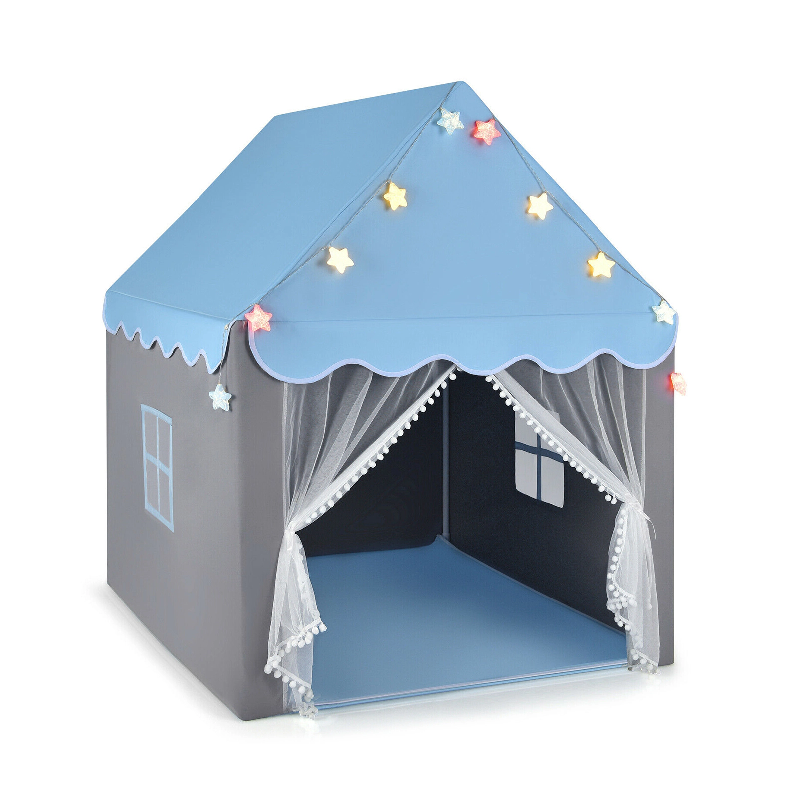 SUGIFT Kids Playhouse Tent with Colorful Star Lights and Cotton Mat Mesh Windows Blue