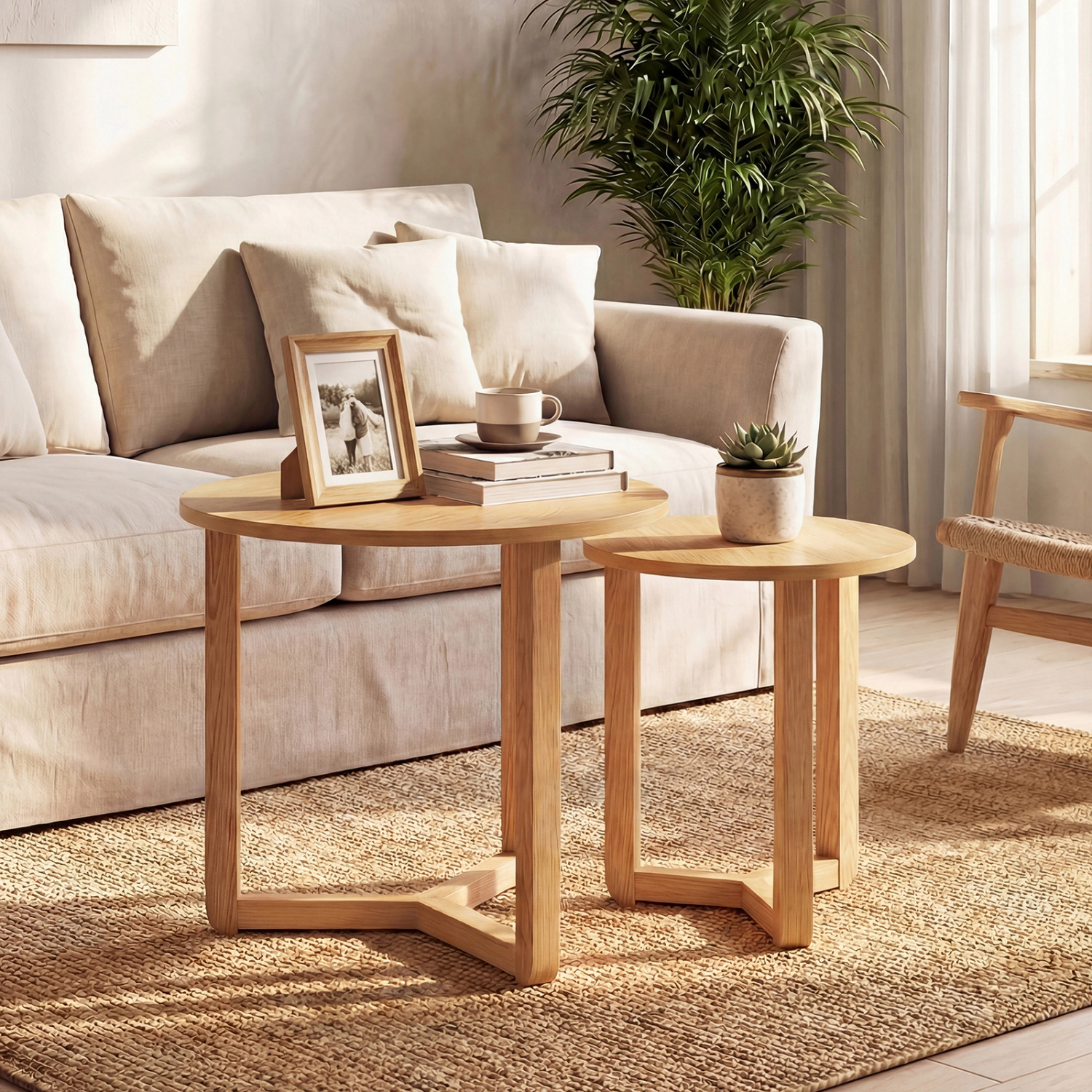 Glintex 2-Piece Round Nesting Table Set with Rubber Wood Tripod Frames