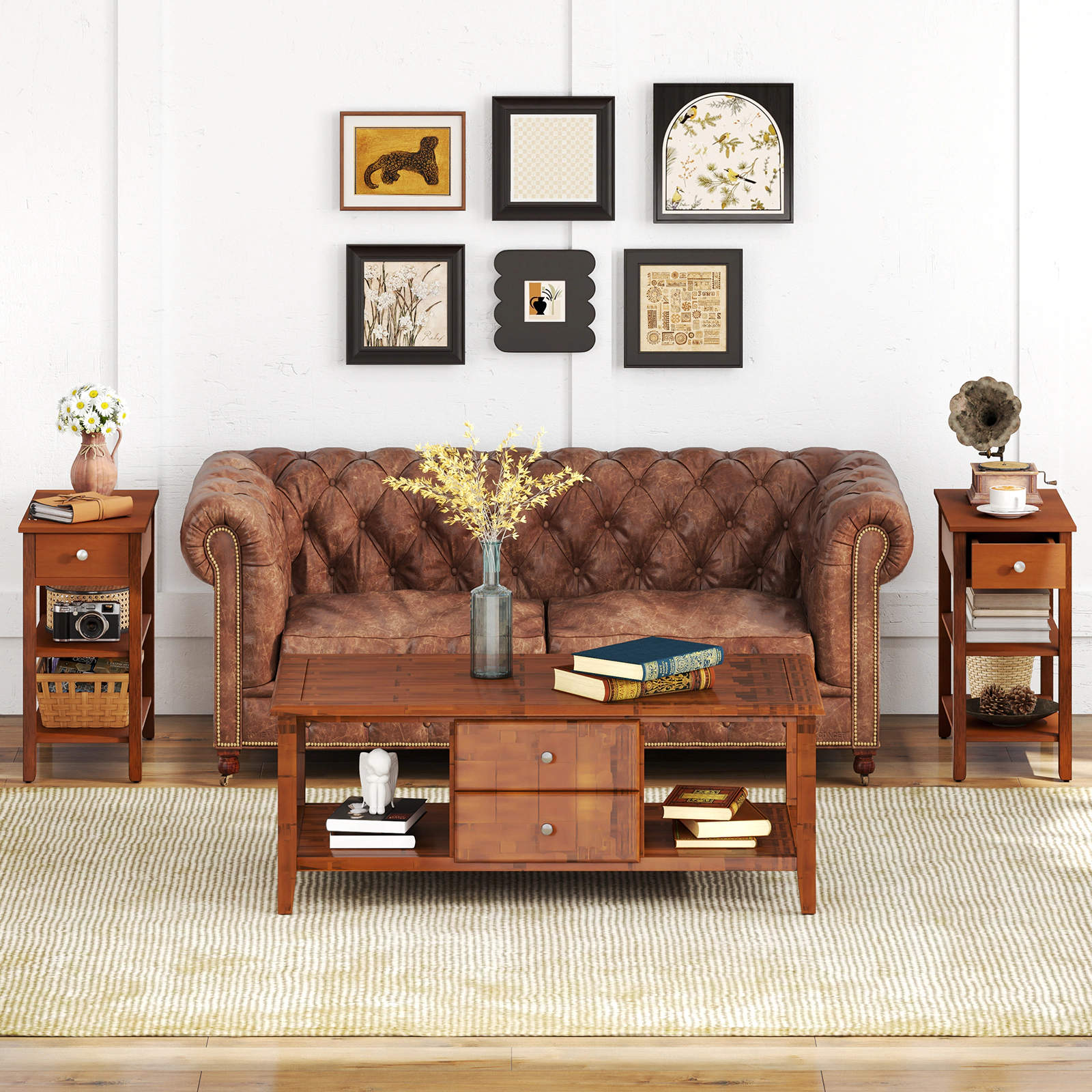 SUGIFT 3-Tier Narrow End Tables with Drawer and Storage Shelves Set of 2 210-lb Total Capacity Brown/Walnut