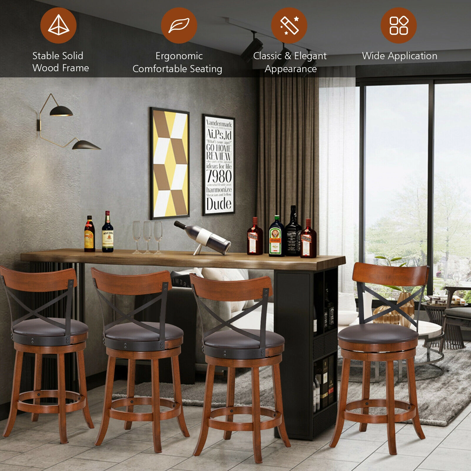 SUGIFT Set of 2 Walnut Counter-Height Swivel Bar Stools with Padded Seats