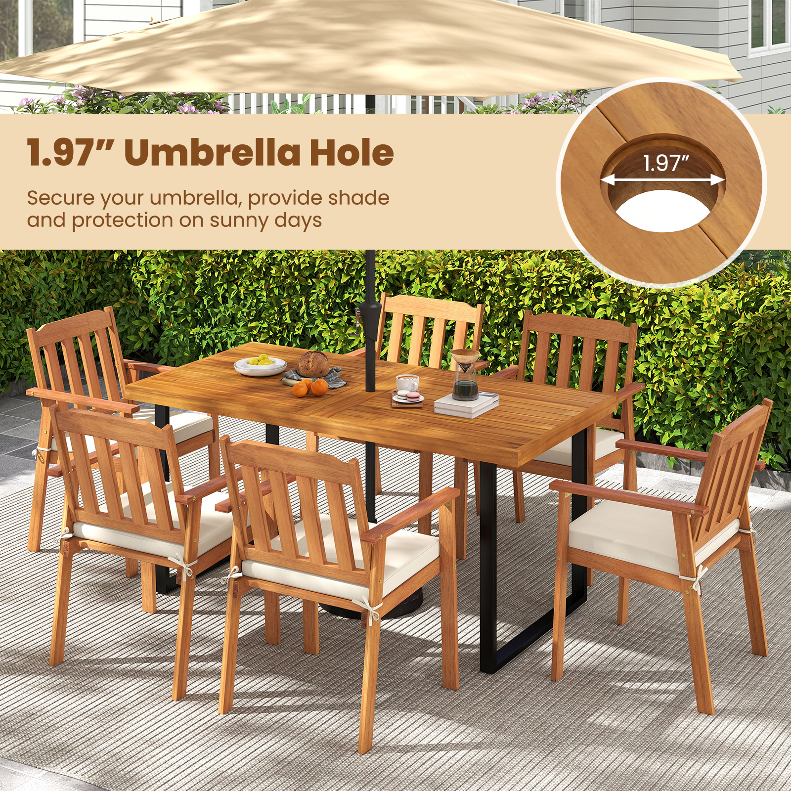 SUGIFT 3-Piece Acacia Wood Patio Dining Set, 63-Inch Table, 2 Backless Benches, Umbrella Hole