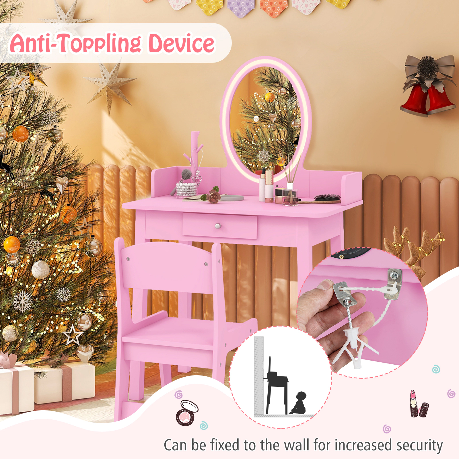 SUGIFT Kids Vanity Desk and Chair Set with LED Lighted Mirror 66-lb Table 110-lb Stool Capacity Ages 3-8 White/Pink