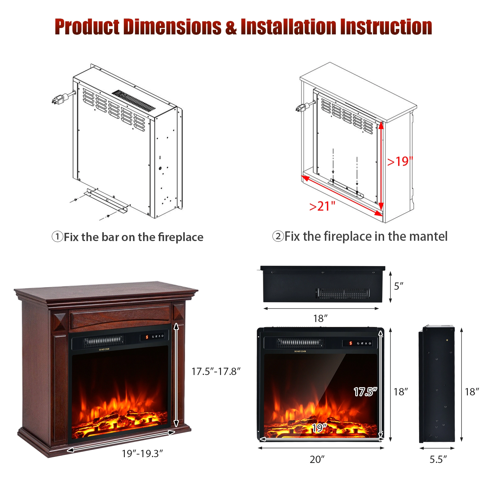 SlickBlue 18-Inch Electric Fireplace Heater with Remote Control