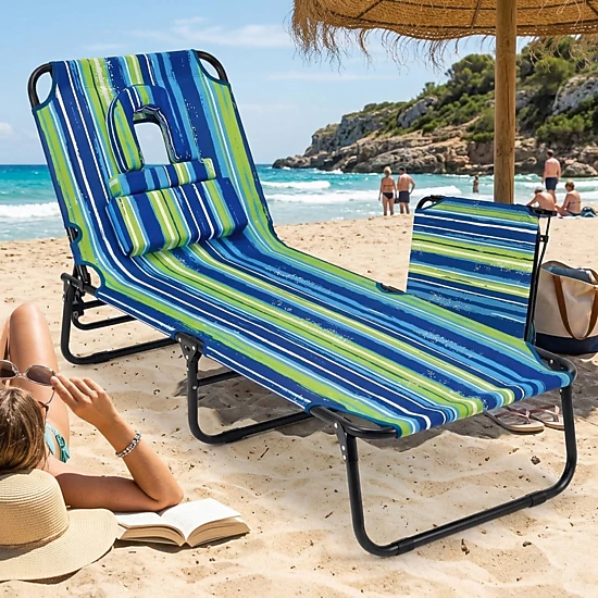 SUGIFT Folding Tanning Beach Chair with Face Hole, 3 Pillows, Blue Stripe