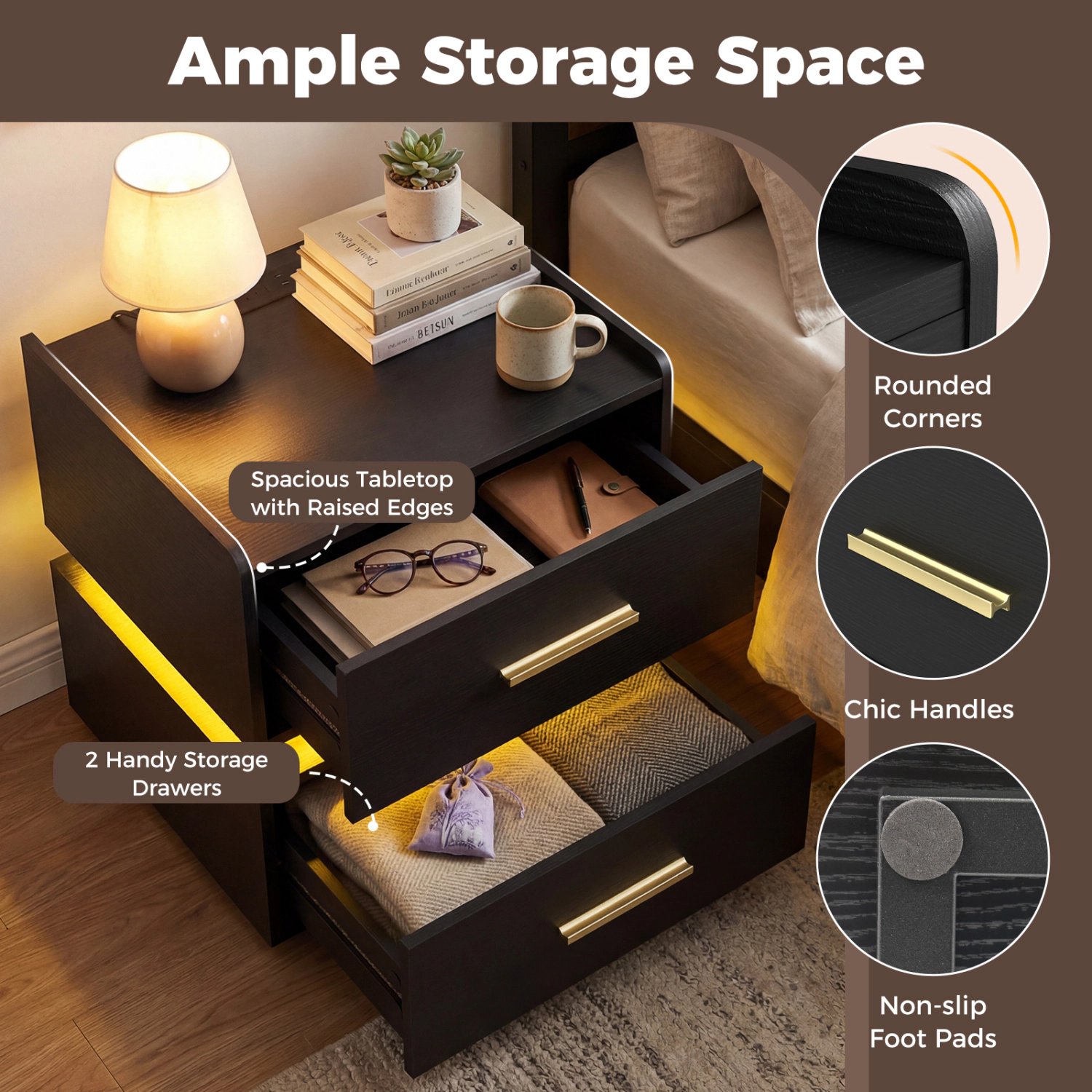 Hivvago LED Bedside Table with Charging Station and 2 Storage Drawers
