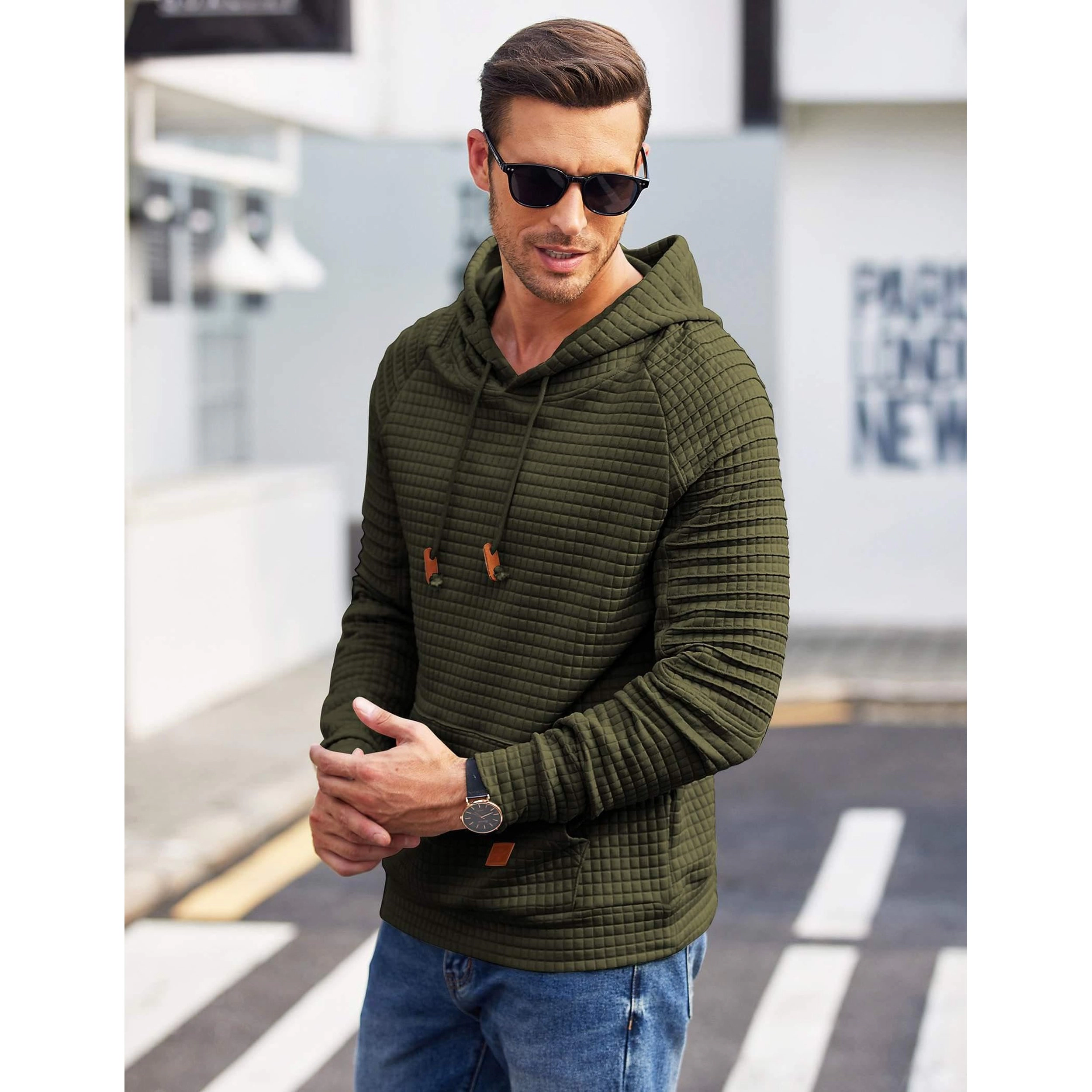 COOFANDY Men's Regular Fit Textured Quilted Long Sleeve Pullover Hoodie