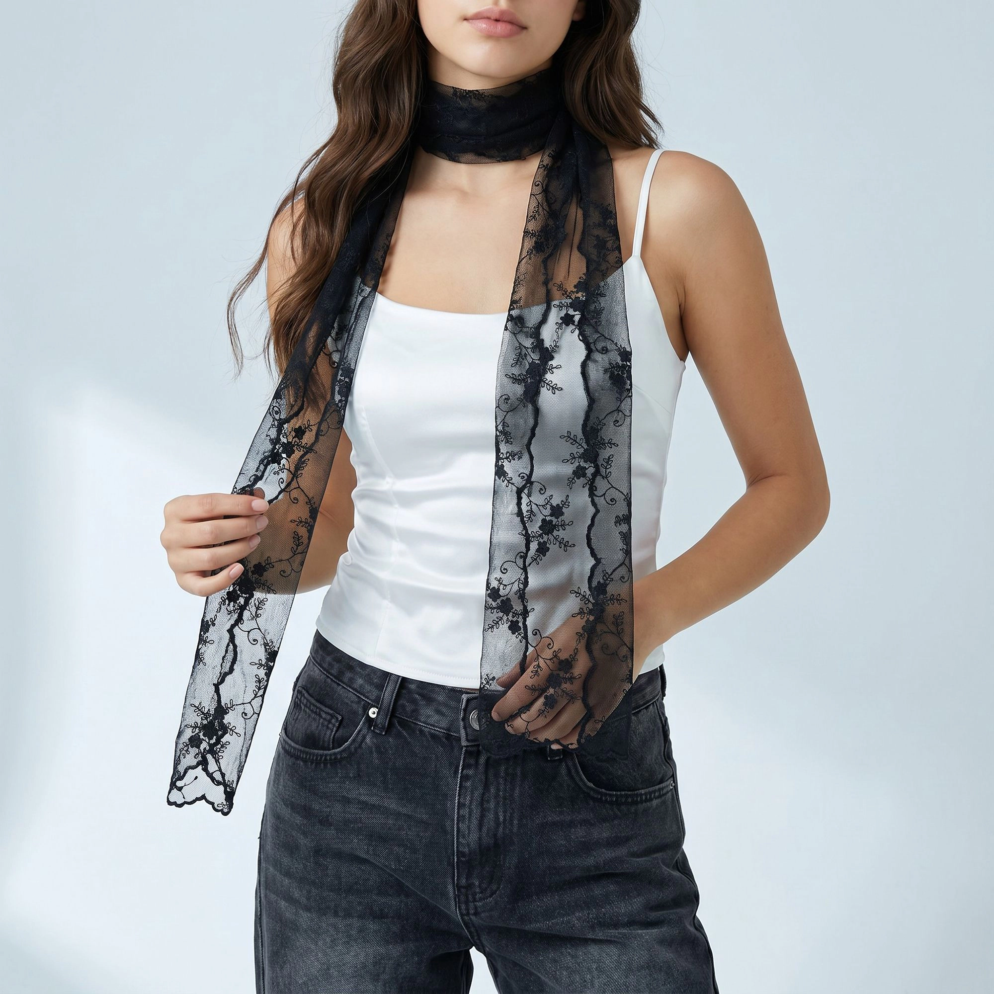 Anna-Kaci Women's Sheer Embroidered Skinny Scarf with Floral Lace Trim and Long Neck Tie Design