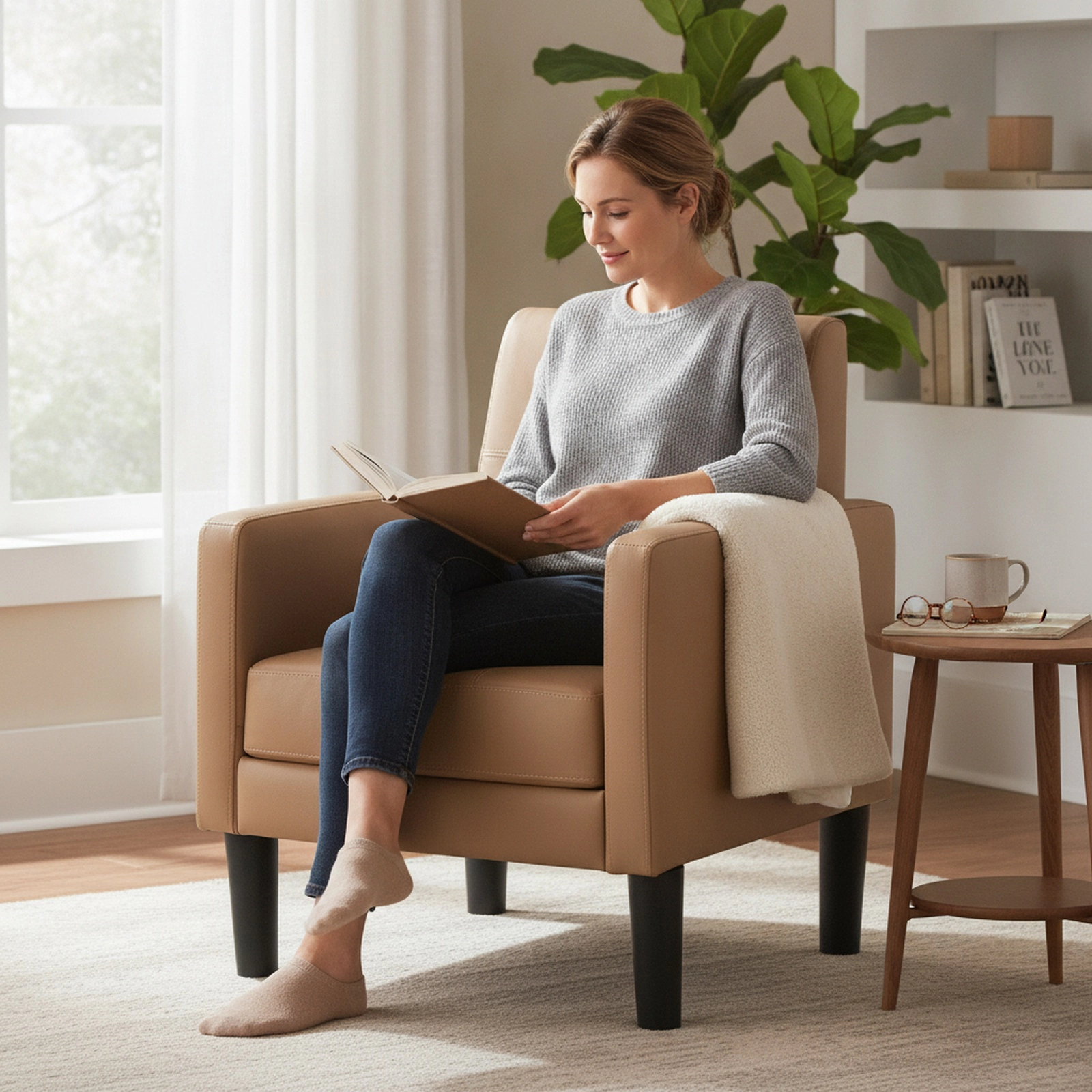 SUGIFT Brown PU Leather Accent Chair with Padded Arms, Removable Cushion, 350-lb Capacity