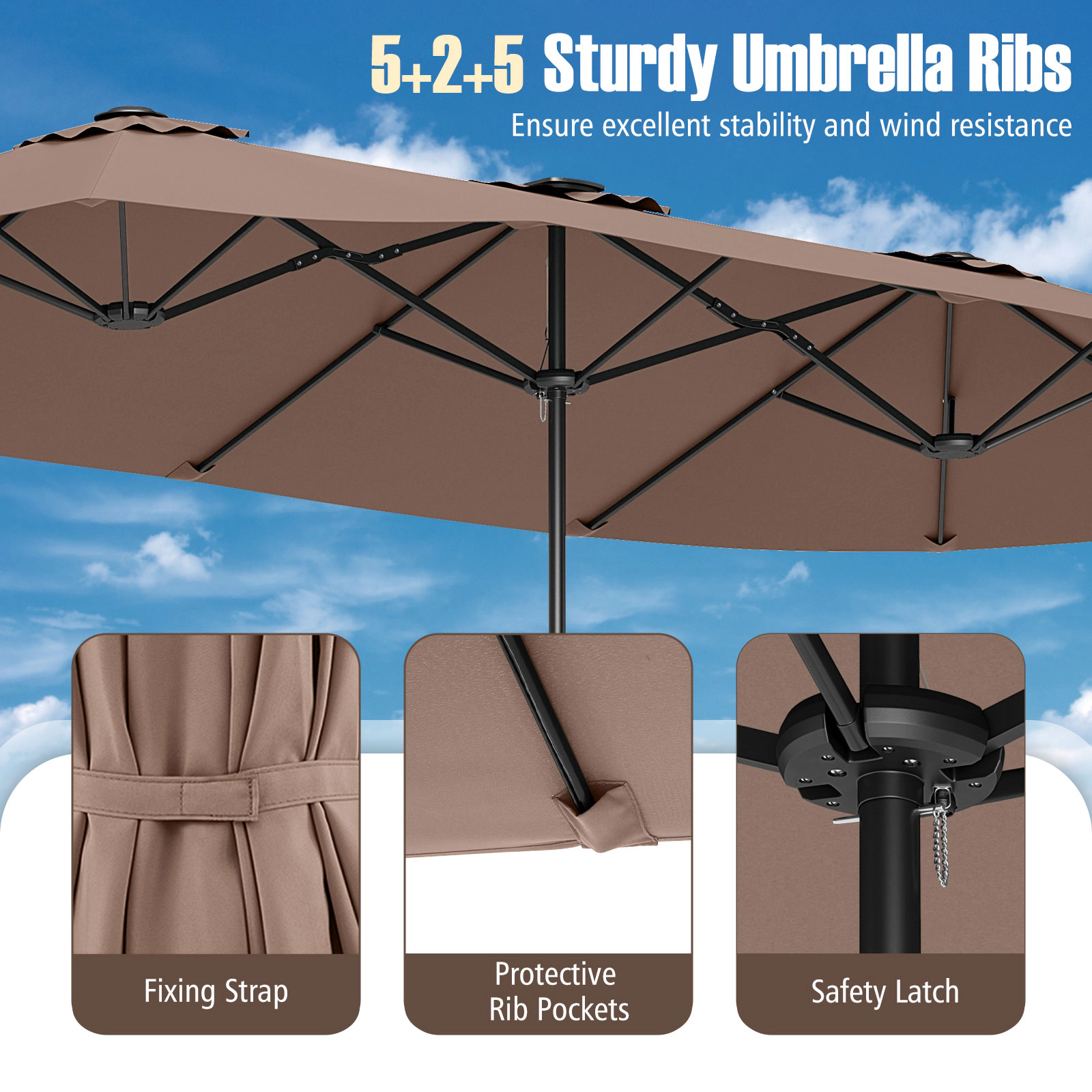 SUGIFT 15.5-ft Double-Sided Patio Umbrella with LED Solar Lights and Crank Handle Brown