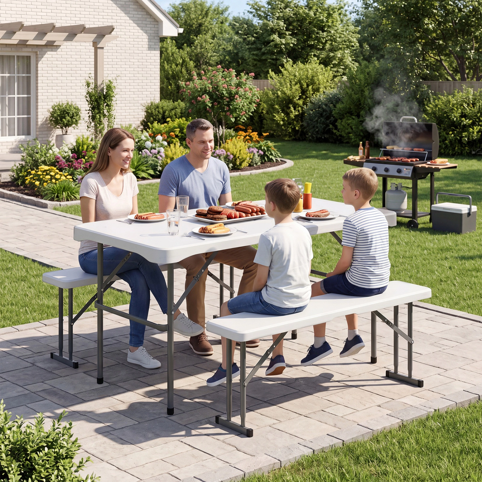 SUGIFT 44-in HDPE Folding Picnic Table Set with 2 Benches 110-lb Tabletop 330-lb Benches White