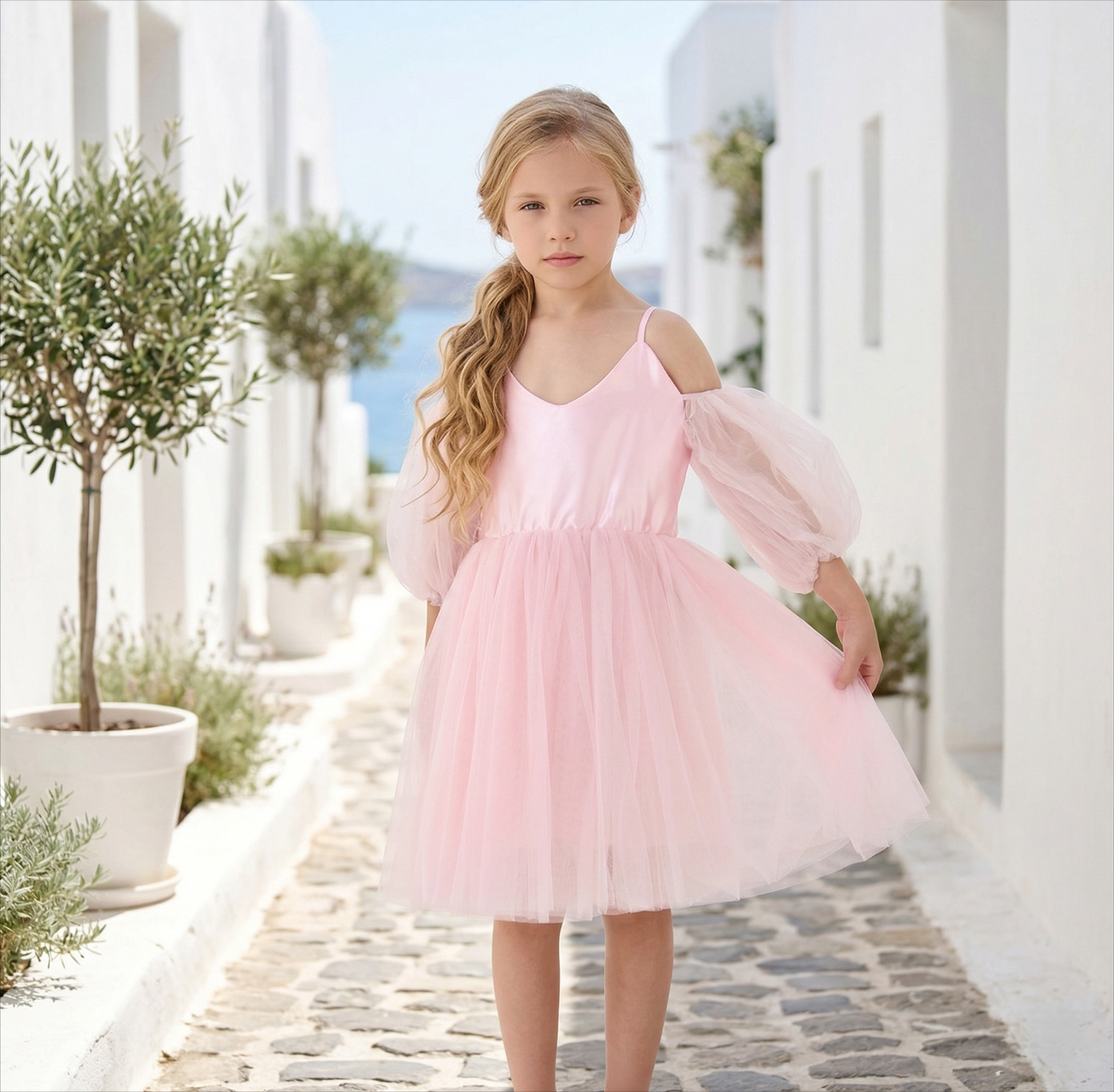 2Bunnies Girls' 3T-8Y Sheer Puff Sleeve Off-Shoulder Tulle Party Flower Girl Dress