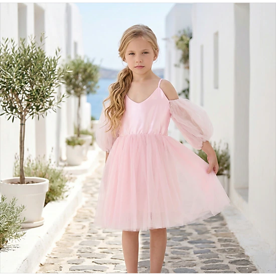 2Bunnies Girls' 3T-8Y Sheer Puff Sleeve Off-Shoulder Tulle Party Flower Girl Dress