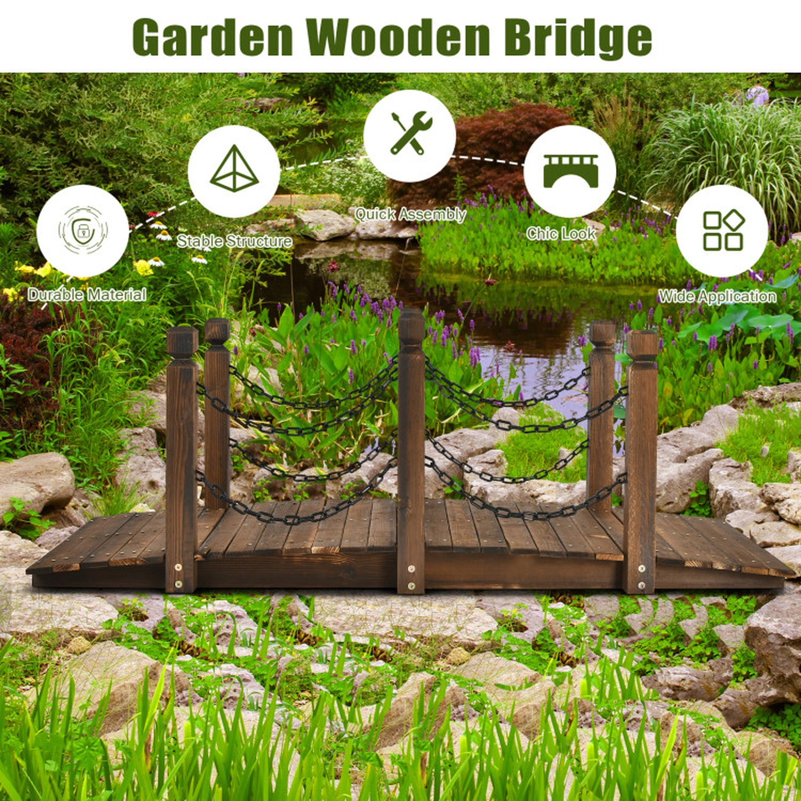 SUGIFT 5-Ft Brown Stained Fir Wood Arc Garden Bridge with Safety Rails 60-in W 26.5-in D 22-in H