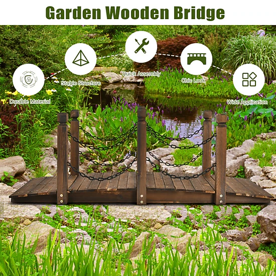 SUGIFT 5-Ft Brown Stained Fir Wood Arc Garden Bridge with Safety Rails 60-in W 26.5-in D 22-in H