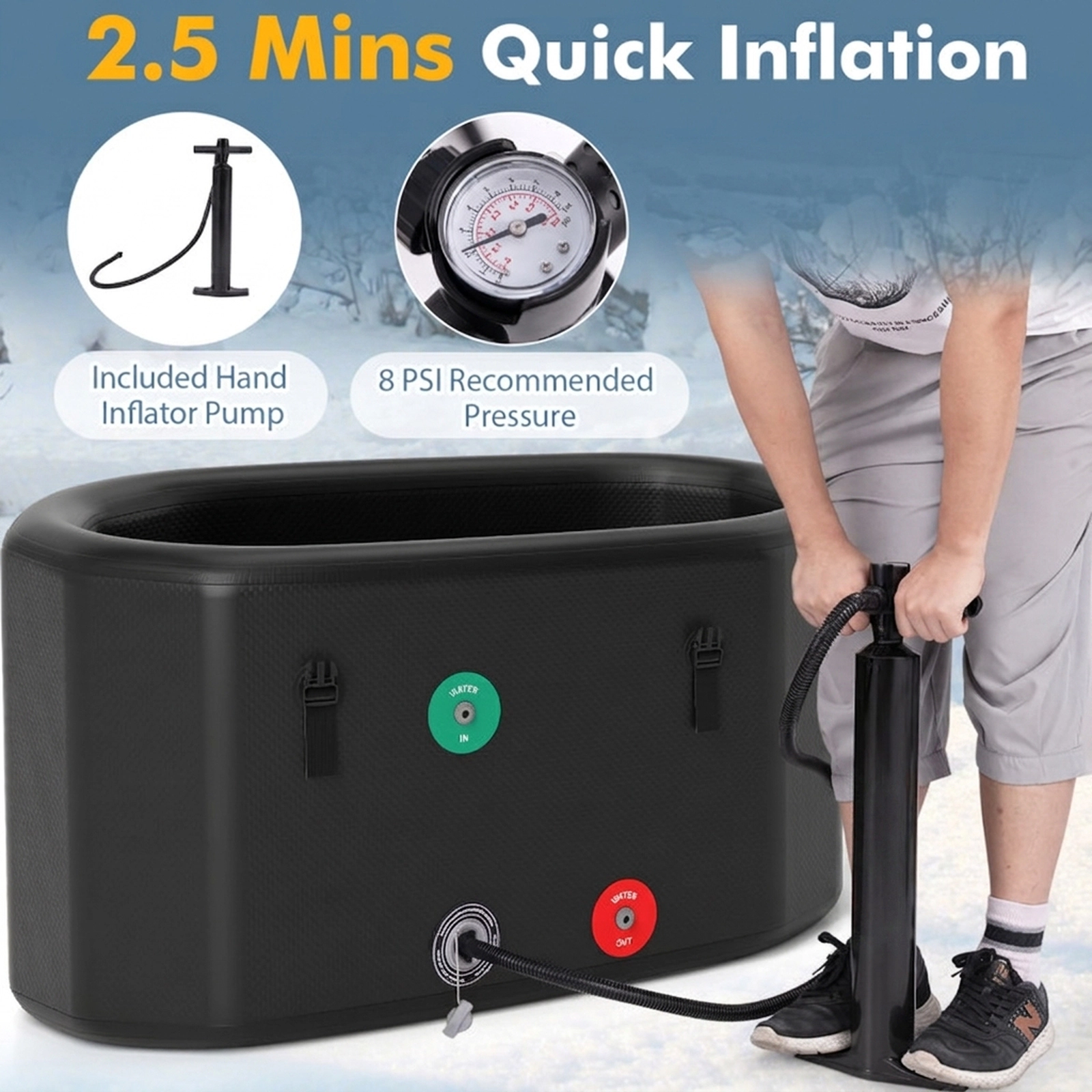 SUGIFT XL 129 Gal Oval Ice Bath Tub with Cover and Hand Pump 800-lb Capacity 51-in PVC Body Black/Gray