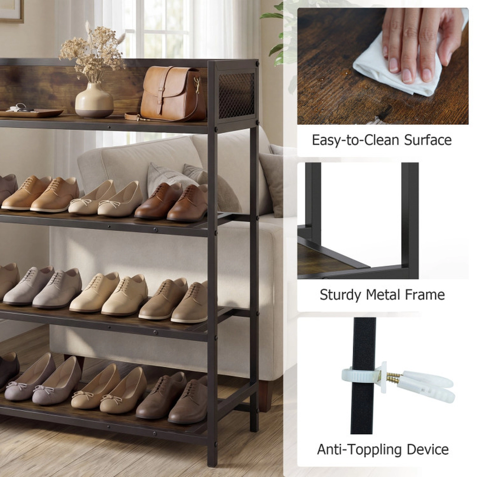 SUGIFT Rustic Brown Heavy Duty Metal Frame and Guardrails 32 Inch 4-Tier Industrial Shoe Rack