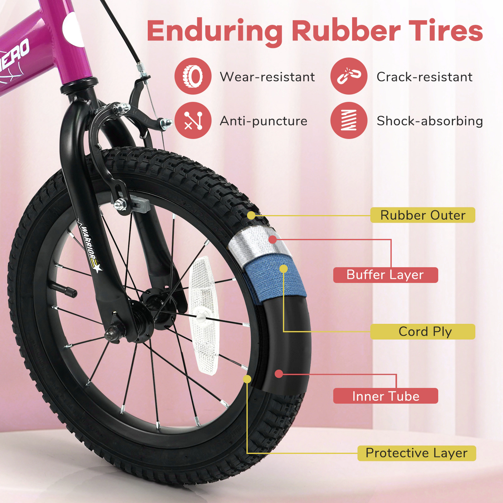 SUGIFT Adjustable Kids Bicycle 14-in Wheels Removable Training Wheels 110-lb Capacity Ages 3-5 Years Pink Brave Hero