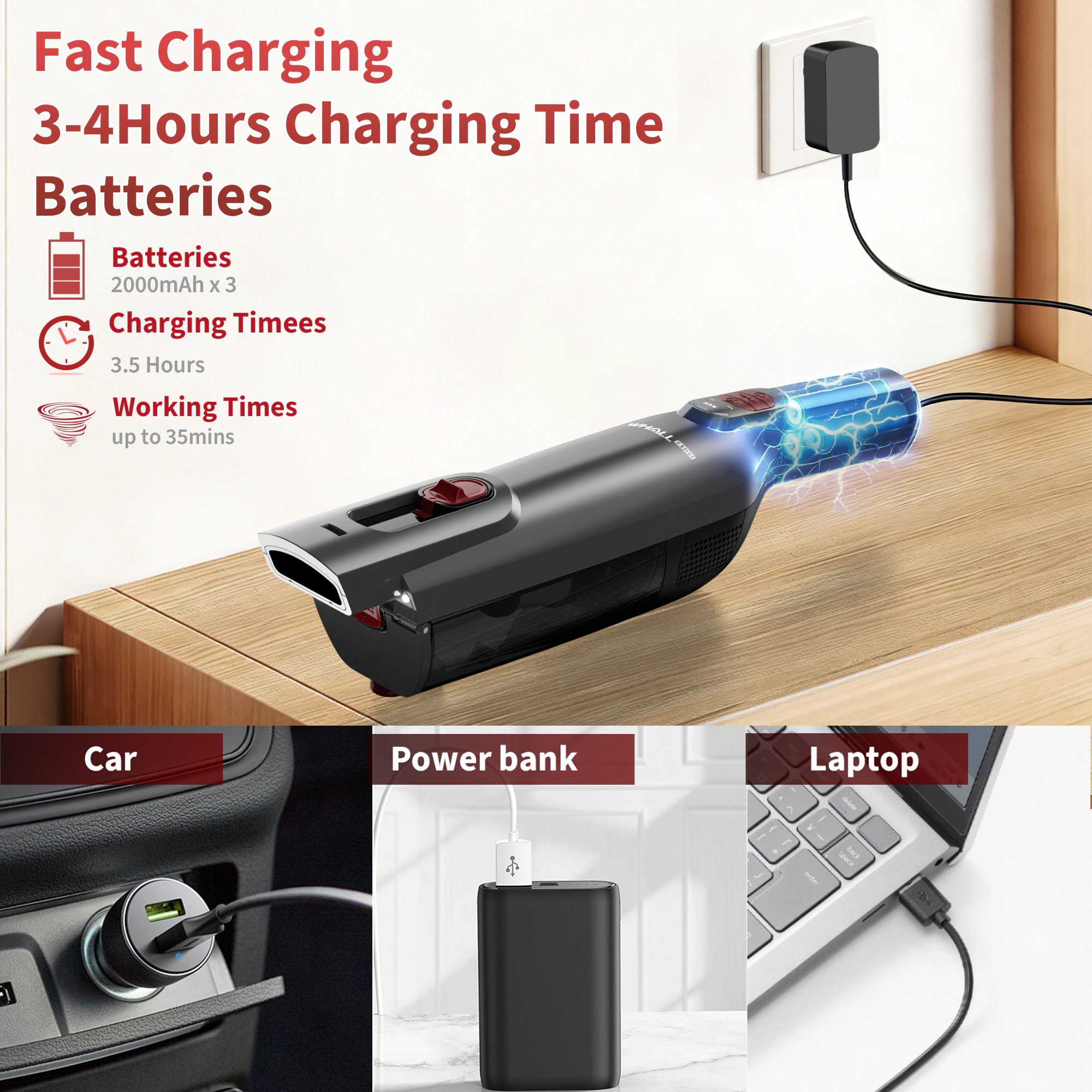 WHALL Cordless Handheld Vacuum with Strong Suction, LED Light, Multi-Accessories, Fast Charging for Home, Car, Pet Hair