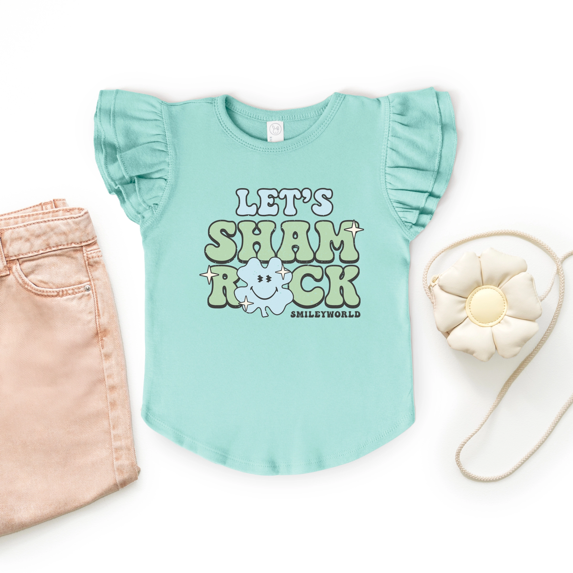 The Juniper Shop - Girl's Flutter Sleeve Graphic T-Shirt - SmileyWorld Let's Shamrock