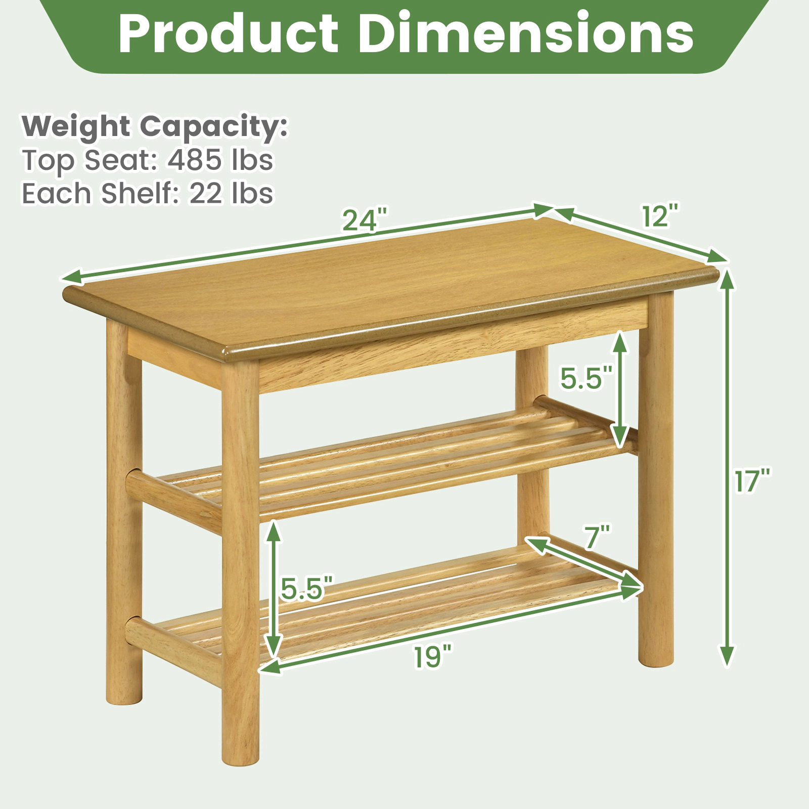 Glintex 24-Inch Rubberwood Shoe Bench with 485-Lb Seat and Slatted Shelves, Natural