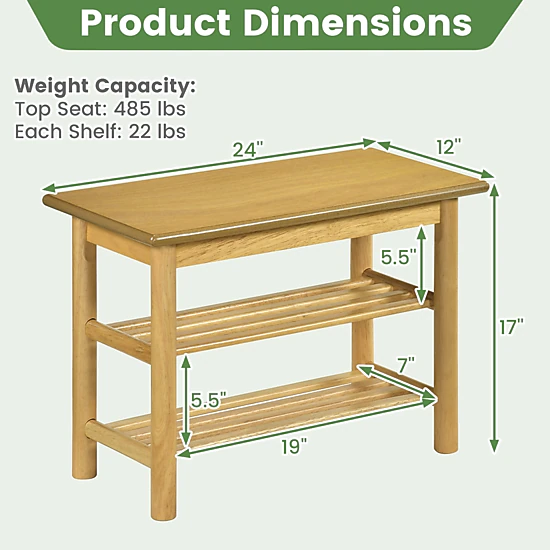Glintex 24-Inch Rubberwood Shoe Bench with 485-Lb Seat and Slatted Shelves, Natural