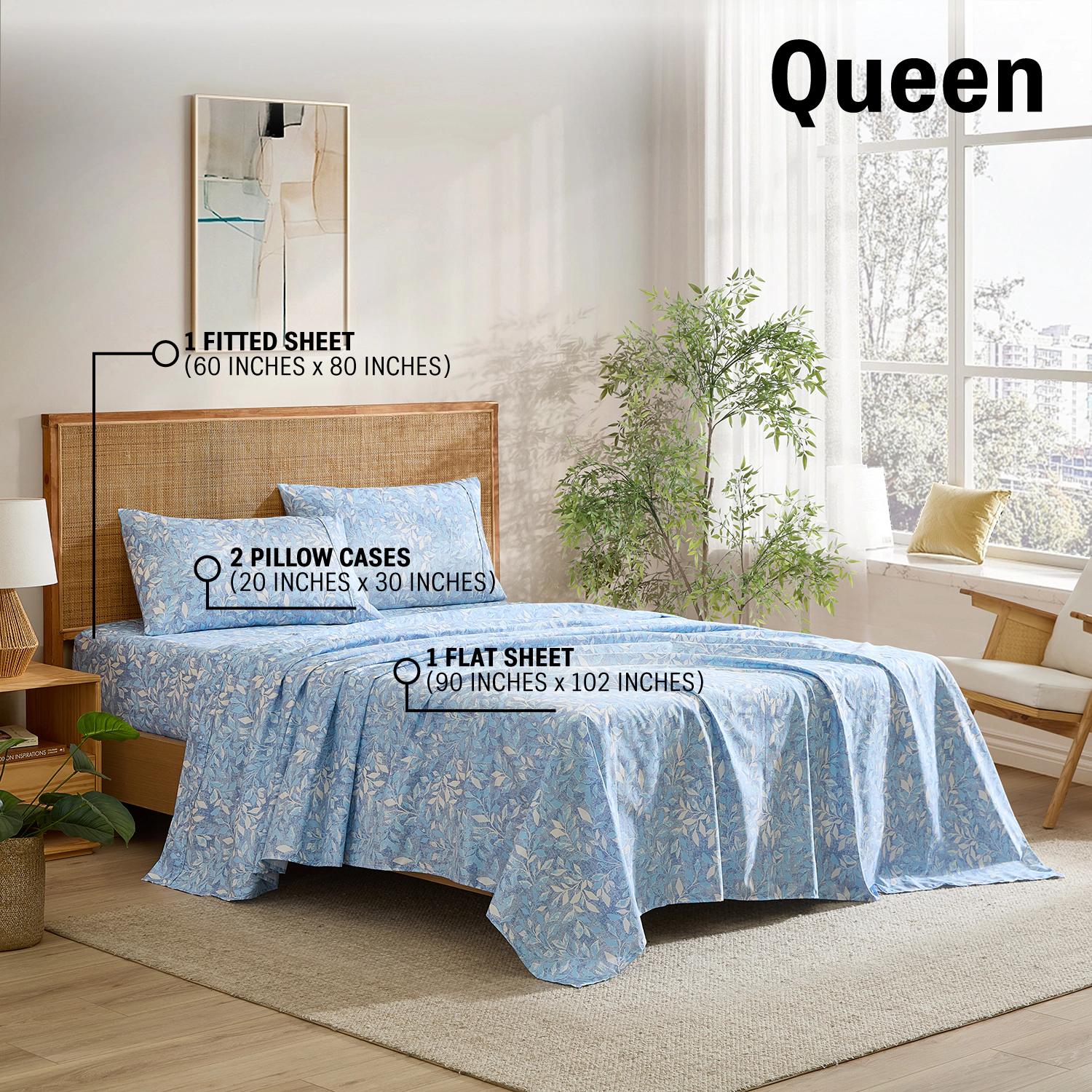 HLC.ME Leaves Printed Floral Bed Sheets Set - Wrinkle Resistant & Ultra Soft Fits Mattresses up to 15 Inches Deep