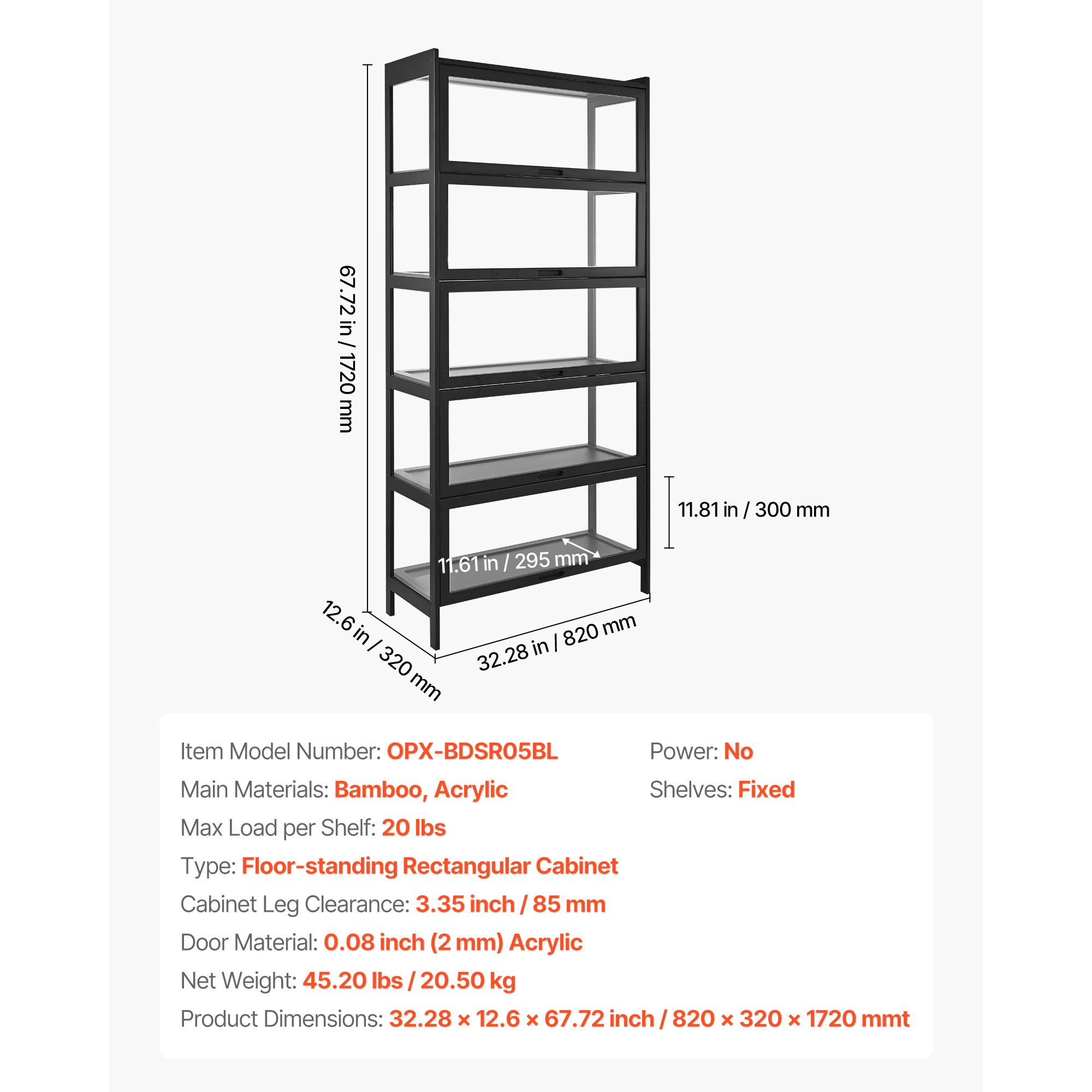 HONGGE 5-Tier Curio Cabinet with Acrylic Doors, 68 in Tall Natural Wood Frame Display Case for Collectibles