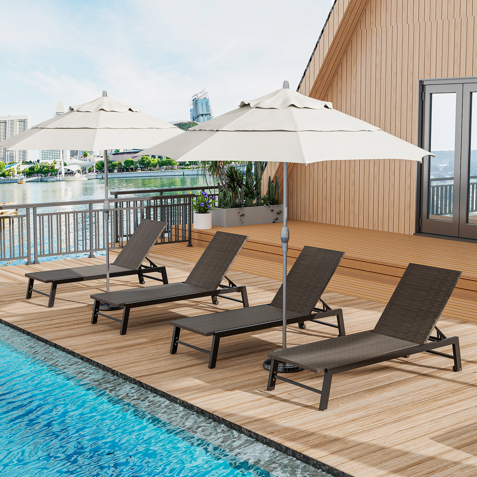 SUGIFT 2 Wheels 400-lb Capacity Brown Patio PE Rattan Chaise Lounge 5-Level Backrest