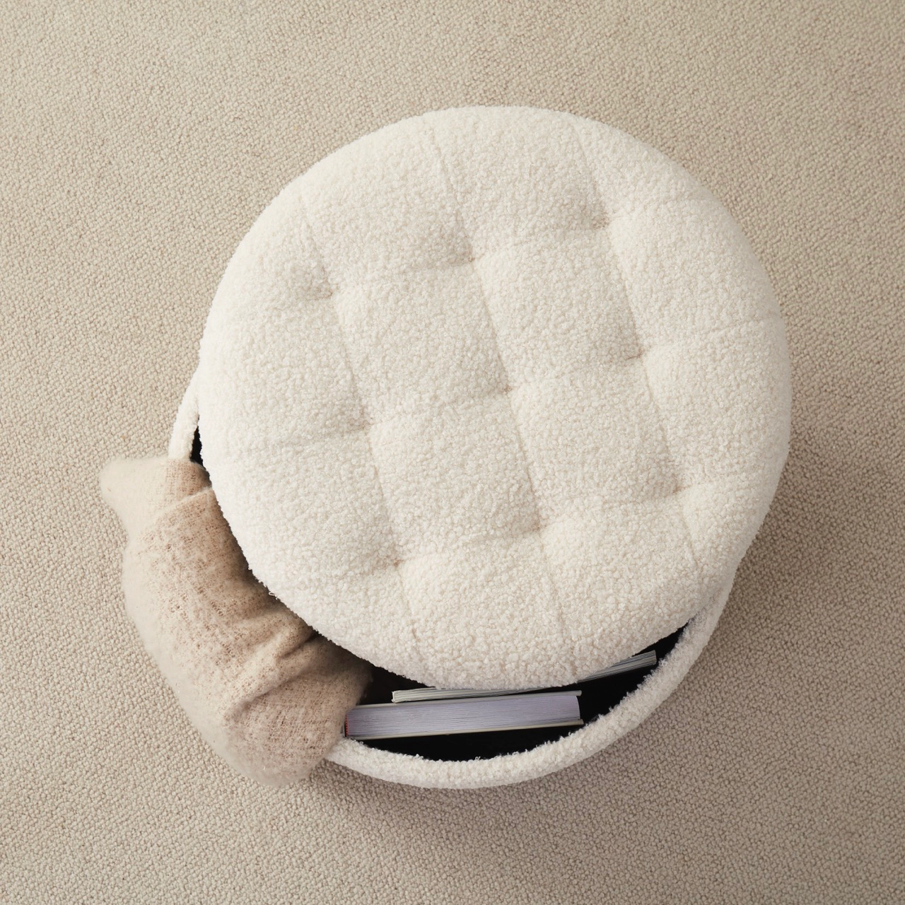 Ornavo Home White Boucle Round Tufted Storage Ottoman with Wooden Legs