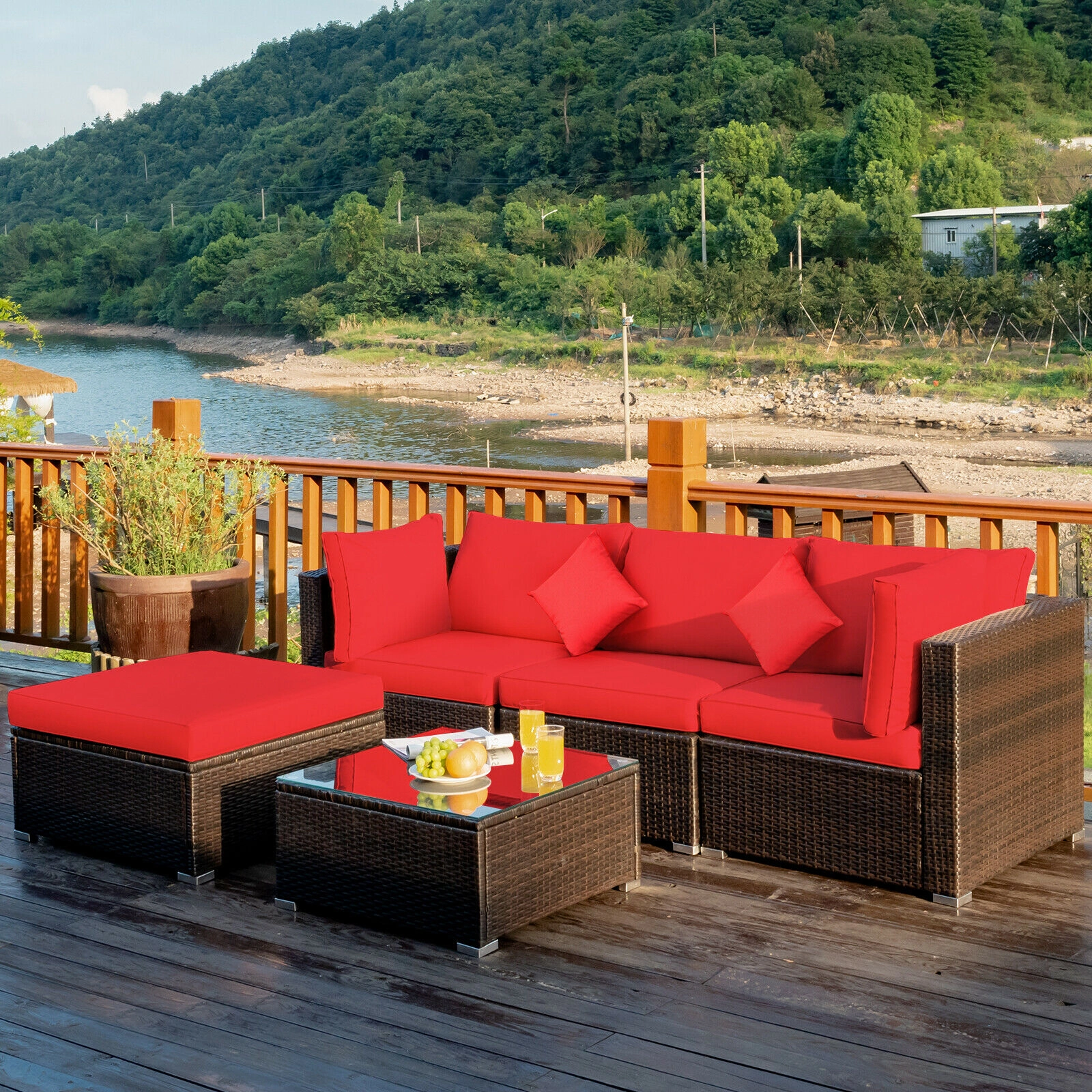 SUGIFT 5-Piece Red Rattan Patio Sectional Set with Corner Sofas, Armless Sofa, Ottoman and Coffee Table