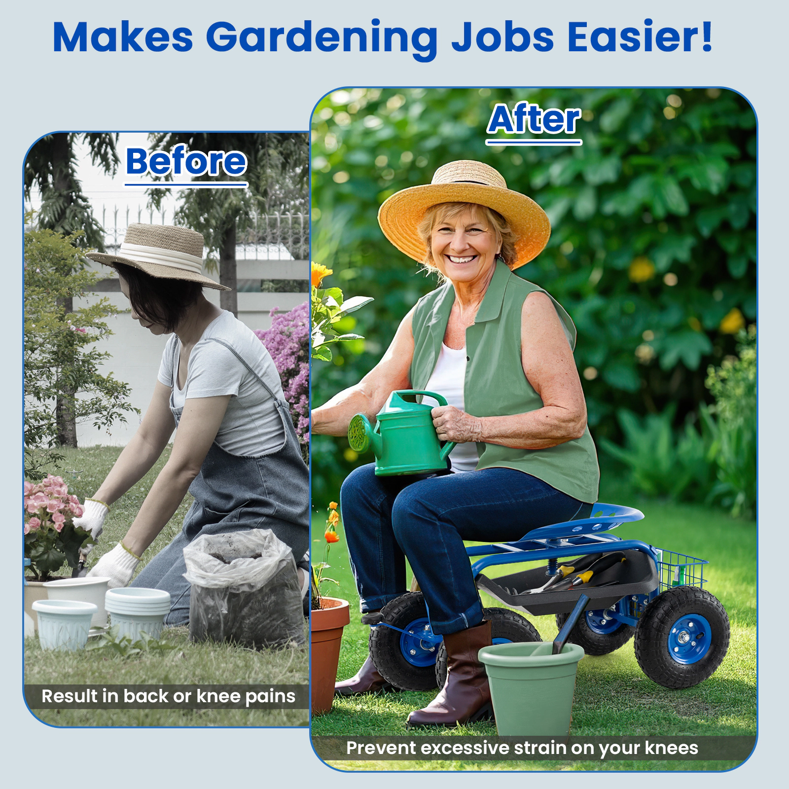 SUGIFT Blue 330-lb Capacity Rolling Garden Work Seat Stool with Wheels Tool Tray and Storage Basket