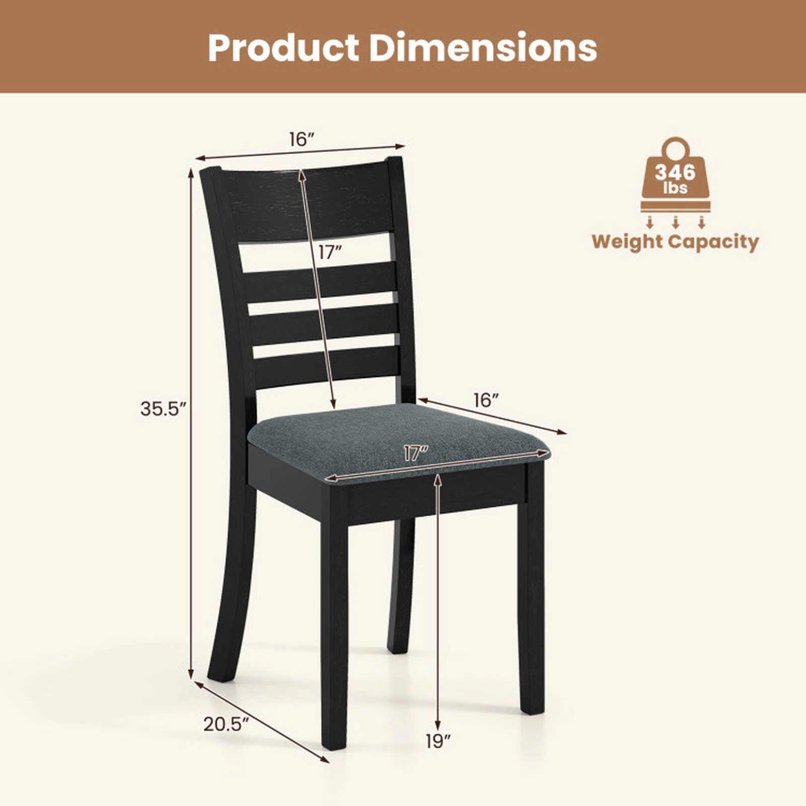 SUGIFT Set of 4 High Back Wooden Dining Chairs Upholstered Kitchen Chairs 346-lb Capacity Black Frame Dark Gray Seat
