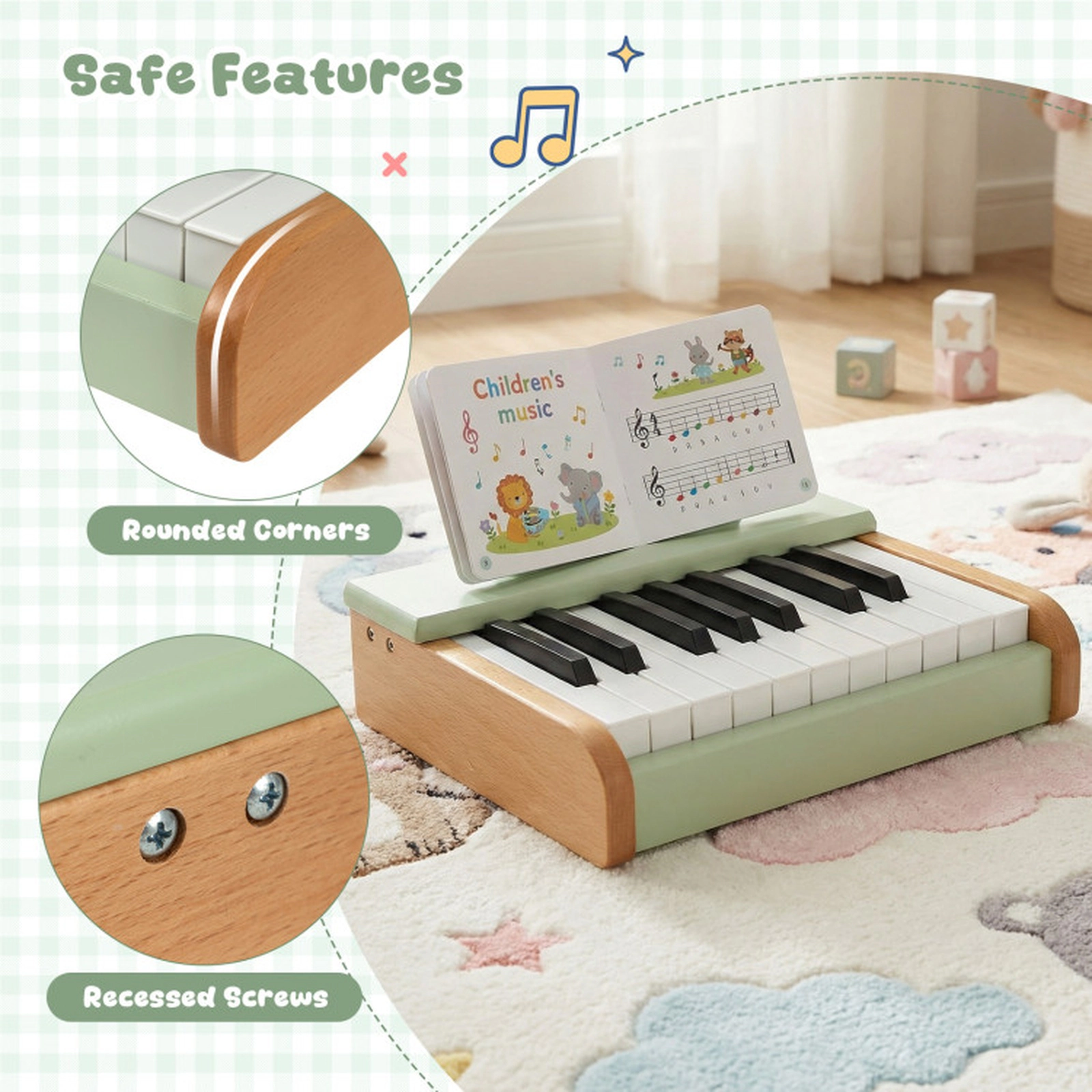 SUGIFT Green 18-Key Wooden Kids Piano with Removable Music Stand Rounded Corners and Rear On Off Switch