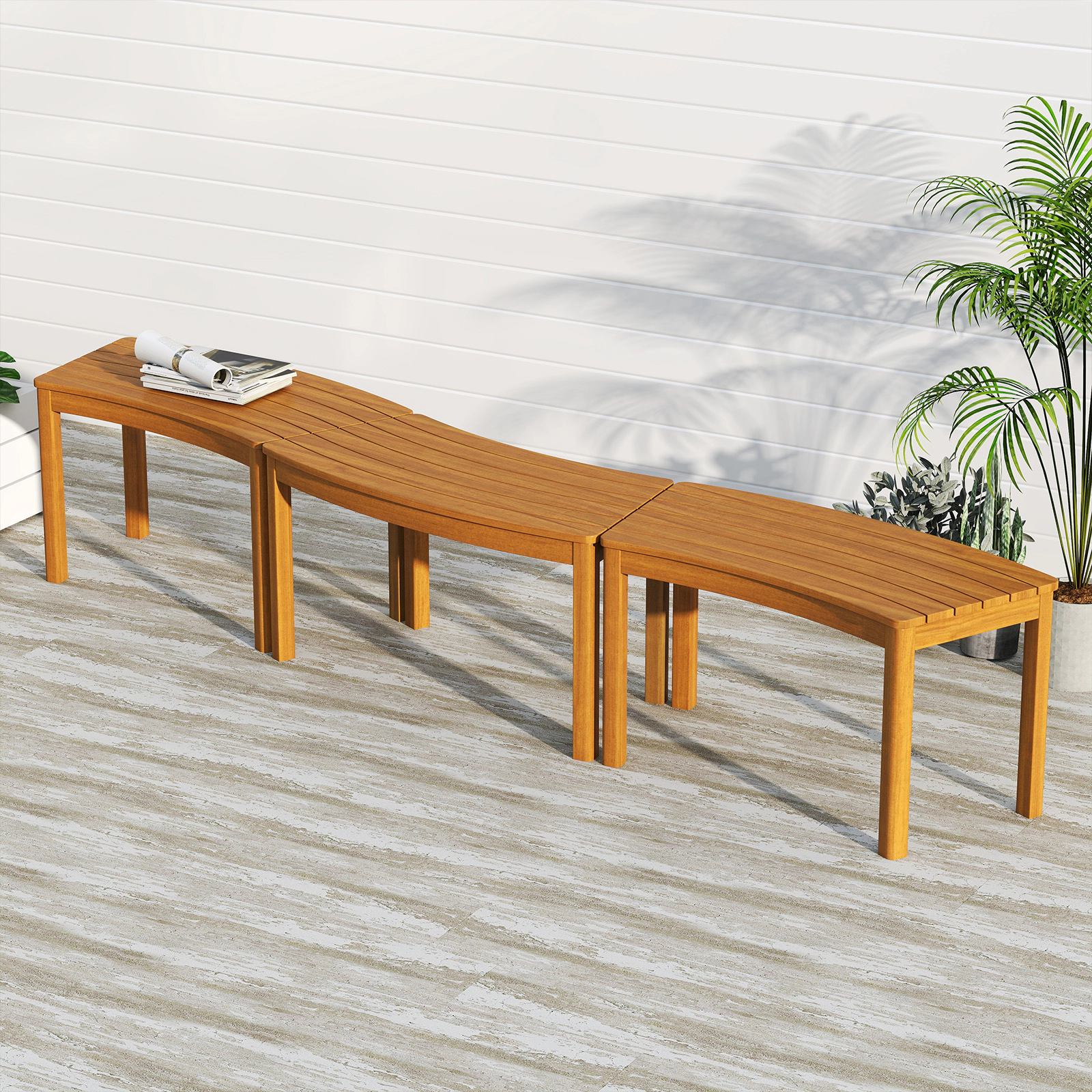 SUGIFT 3-Piece Curved Acacia Wood Fire Pit Bench Set, Backless, Natural Finish, 400-Lb Capacity
